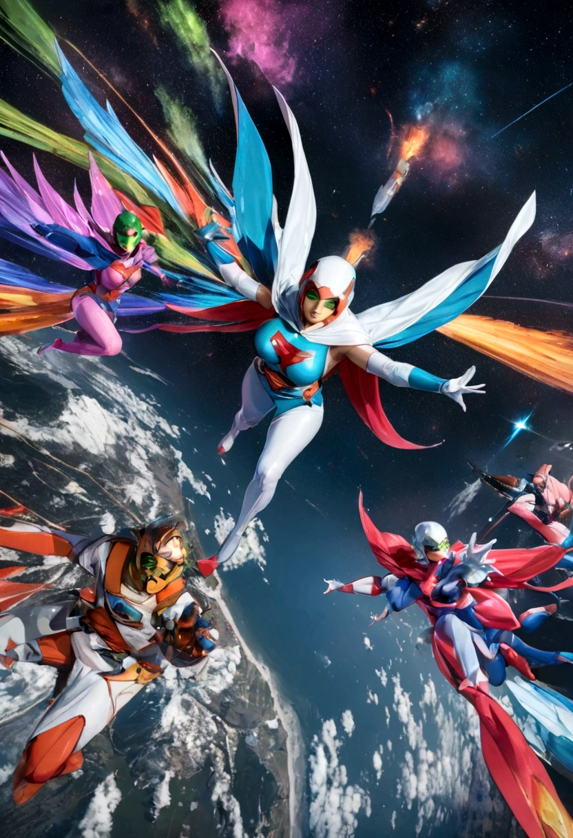 Gatchaman, (Masked superheroes), Iconic heroes, The Guardians of Earth, Science Ninja Team, (Stunning superheroes), (Vibrant colors), Space-themed costumes, Sleek gauntlets and helmets, Silver and blue agile figures, (Incredible detail), (Capital city backdrop), Defending humanity with courage, Spectacular pose, Iconic "KEN", "Joe", "Jun", "Kenichi", and "Jinpei", Patrolling the skies, Ready to battle the evil Galactor, Stunning visual treat, (Colorful animation), Formations of spark, breasts, giga_busty, Hi3JTS, full body shot from above