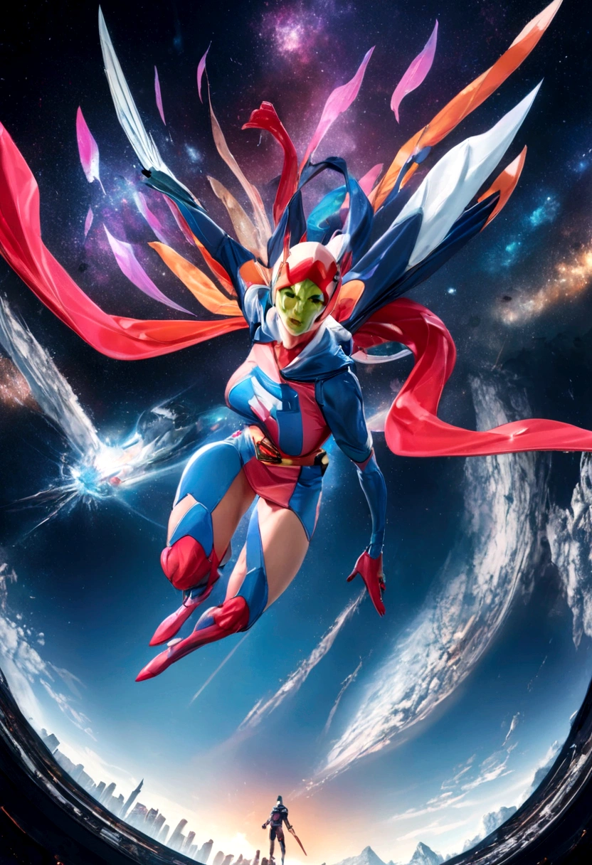 Gatchaman, (Masked superheroes), Iconic heroes, The Guardians of Earth, Science Ninja Team, (Stunning superheroes), (Vibrant colors), Space-themed costumes, Sleek gauntlets and helmets, Silver and blue agile figures, (Incredible detail), (Capital city backdrop), Defending humanity with courage, Spectacular pose, Iconic "KEN", "Joe", "Jun", "Kenichi", and "Jinpei", Patrolling the skies, Ready to battle the evil Galactor, Stunning visual treat, (Colorful animation), Formations of spark, breasts, giga_busty, Hi3JTS, full body shot from above