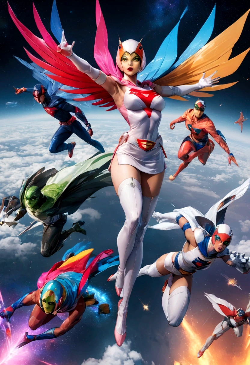 Gatchaman, (Masked superheroes), Iconic heroes, The Guardians of Earth, Science Ninja Team, (Stunning superheroes), (Vibrant colors), Space-themed costumes, Sleek gauntlets and helmets, Silver and blue agile figures, (Incredible detail), (Capital city backdrop), Defending humanity with courage, Spectacular pose, Iconic "KEN", "Joe", "Jun", "Kenichi", and "Jinpei", Patrolling the skies, Ready to battle the evil Galactor, Stunning visual treat, (Colorful animation), Formations of spark, breasts, giga_busty, Hi3JTS, full body shot from front