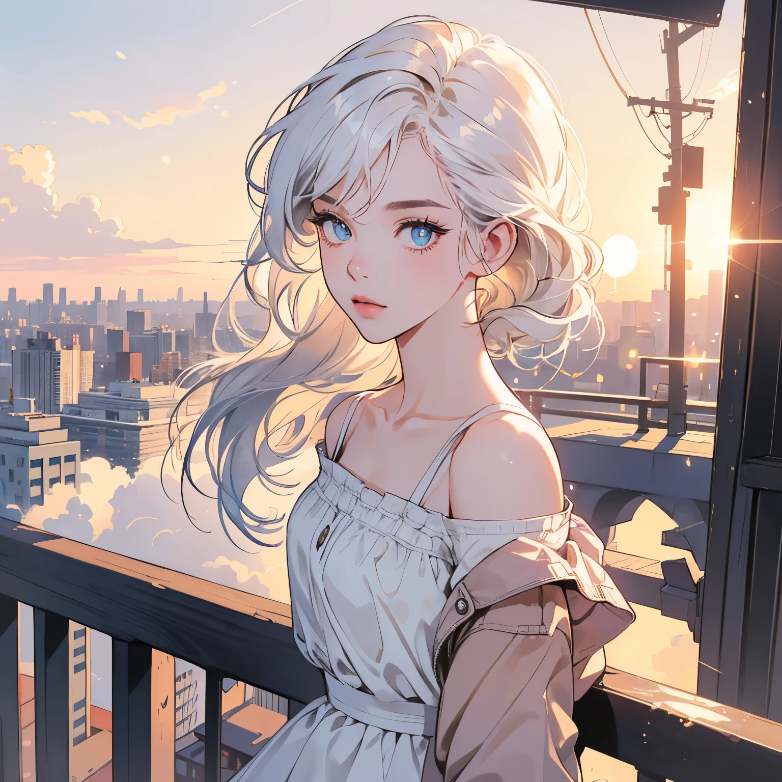 Upper body, 1 Woman, Top Quality, 14k, wind blowing, white camisole, sunset, skyscraper, power lines, crosswalk, sign,(((sparkling eyes))), (((mysterious))), white hair, detailed hair, detailed background, top quality, light lighting, backlight, dim, clouds, front, (((overhead shot))), looking at viewer backlight, dim, clouds, frontal face, looking at viewer,(((Various hairstyles))),Very beautiful women, Noble,Apartment balcony,Various angles,Short hair