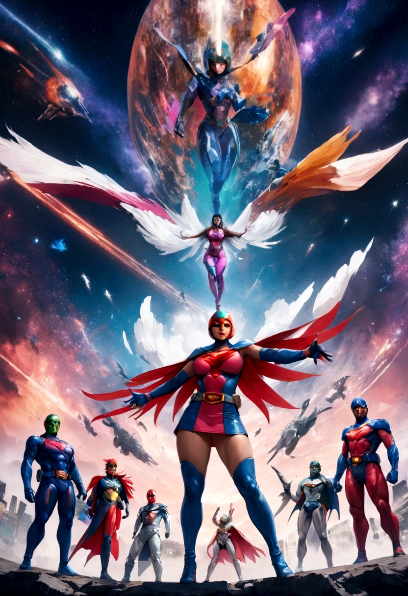 Gatchaman, (Masked superheroes), Iconic heroes, The Guardians of Earth, Science Ninja Team, (Stunning superheroes), (Vibrant colors), Space-themed costumes, Sleek gauntlets and helmets, Silver and blue agile figures, (Incredible detail), (Capital city backdrop), Defending humanity with courage, Spectacular pose, Iconic "KEN", "Joe", "Jun", "Kenichi", and "Jinpei", Patrolling the skies, Ready to battle the evil Galactor, Stunning visual treat, (Colorful animation), Formations of spark, breasts, giga_busty, Hi3JTS, full body shot from below