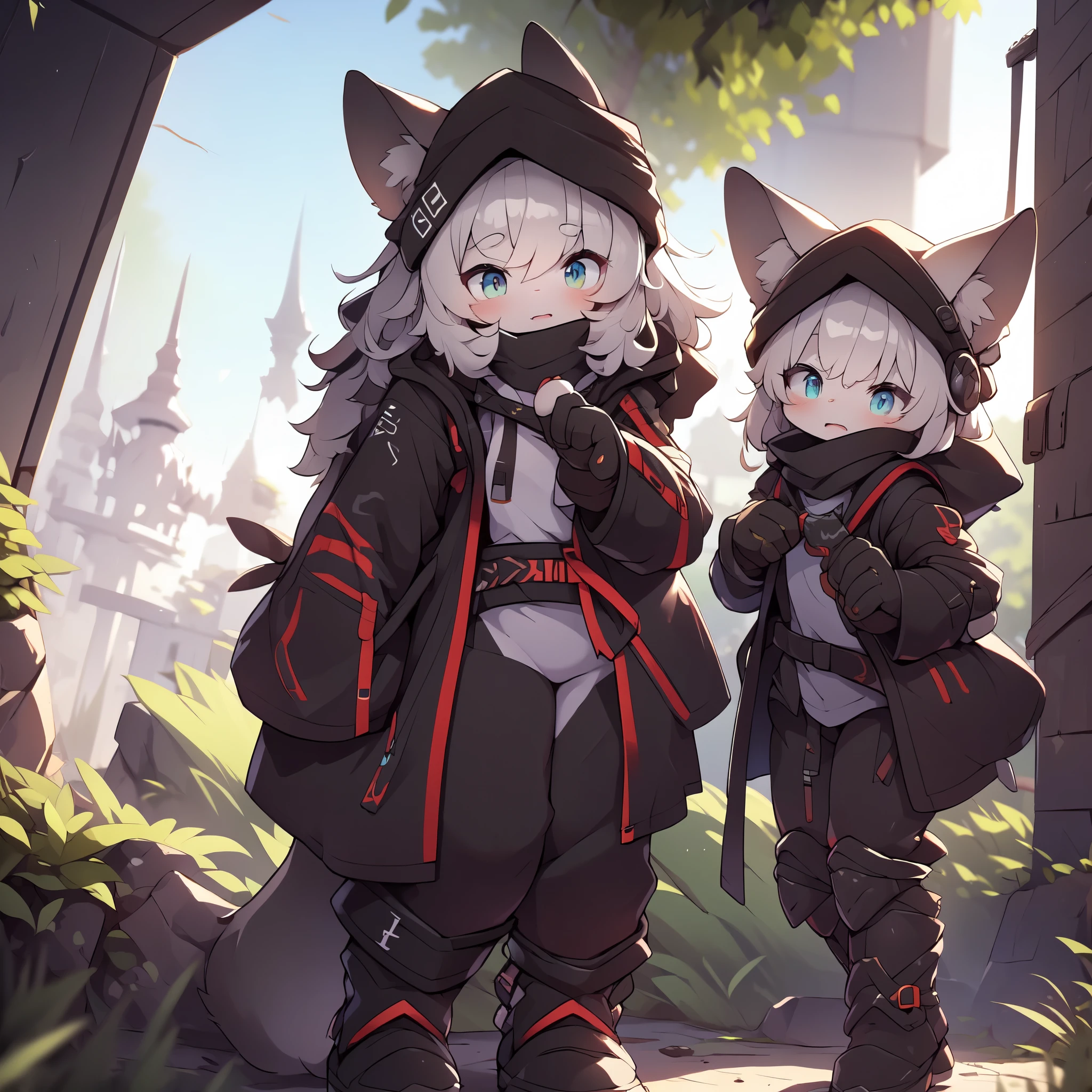 Kawaii, Striped Fluffy Fox, emaciated, long hair, 3girls, artificial synthetic skin, life support prosthetics, digital headphones, black tight  , white long dress, thigh-high-socks, shorts, loose off-the-shoulder hood , holsters in thigh, Mechanical boots, tactical knee pads, tactical belted loose Arm Sleeves, cybernetic Display gloves,  rigs, tactical belts, blue archive halo, bulletproof goggles on forehead, from Ark nights, ray tracing, depth of field, bloom, masterpiece, ccurate, high details, highres