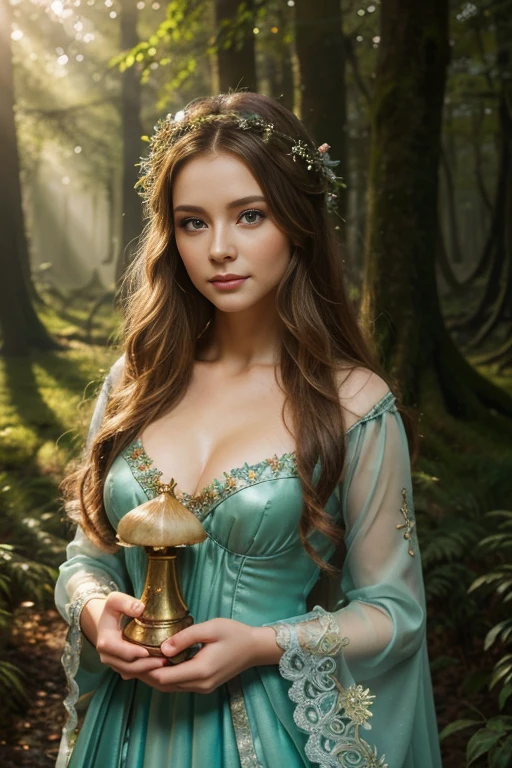 a girl in a fairy tale,1girl,beautiful detailed eyes,beautiful detailed lips,extremely detailed face and features,porcelain skin,long flowing hair,elegant dress,enchanted forest,sunlight filtering through trees,glowing magical orbs,fantasy landscape,mossy rocks,colorful mushrooms,vibrant colors,warm lighting,dreamlike atmosphere,intricate details,photorealistic,award winning digital art,highly detailed,8k,best quality