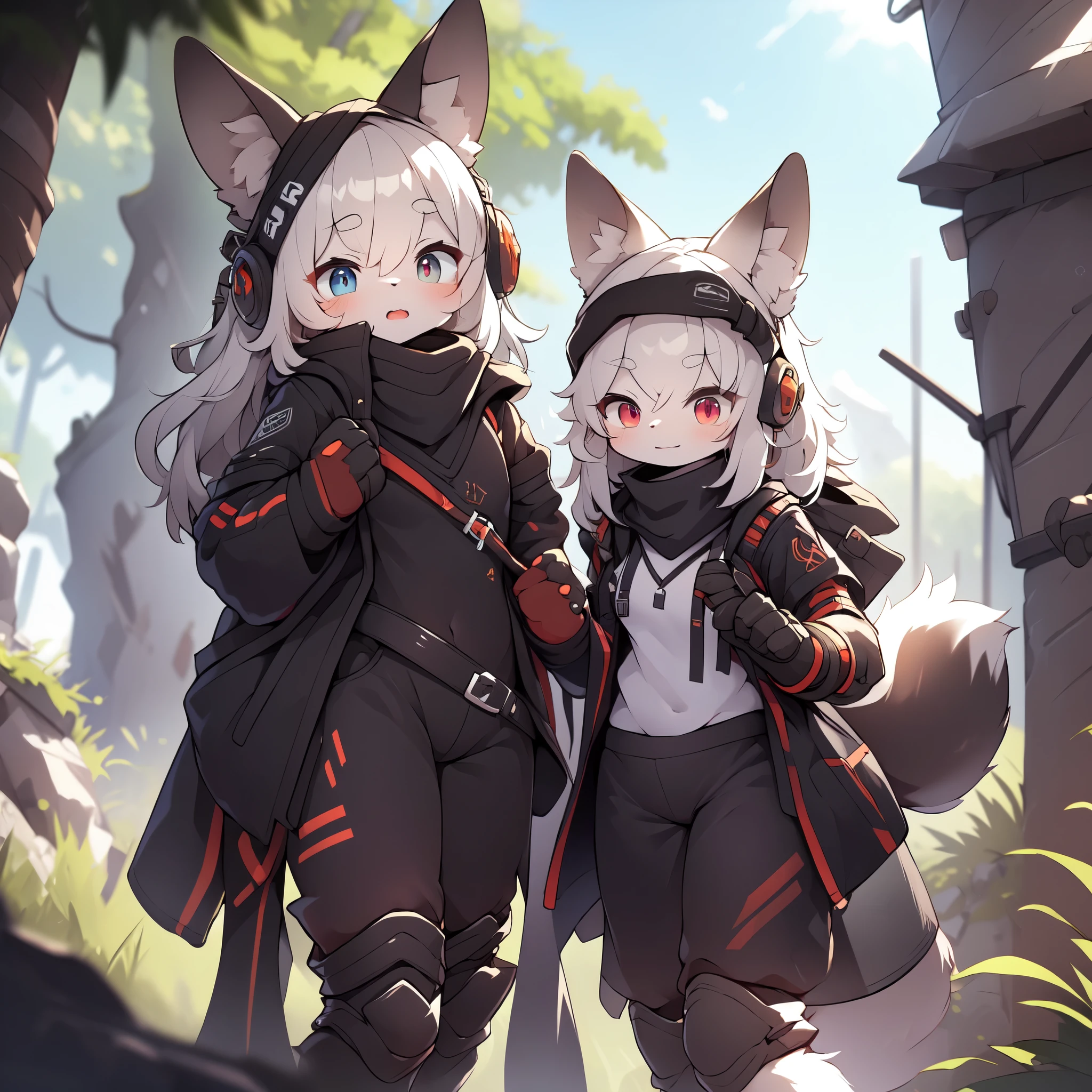 Kawaii, Striped Fluffy Fox, emaciated, long hair, 3girls, artificial synthetic skin, life support prosthetics, digital headphones, black tight latex , white long dress, thigh-high-socks, shorts, loose off-the-shoulder hood open jacket, holsters in thigh, Mechanical boots, tactical knee pads, tactical belted loose Arm Sleeves, cybernetic Display gloves,  rigs, tactical belts, blue archive halo, bulletproof goggles on forehead, from Ark nights, ray tracing, depth of field, bloom, masterpiece, ccurate, high details, highres