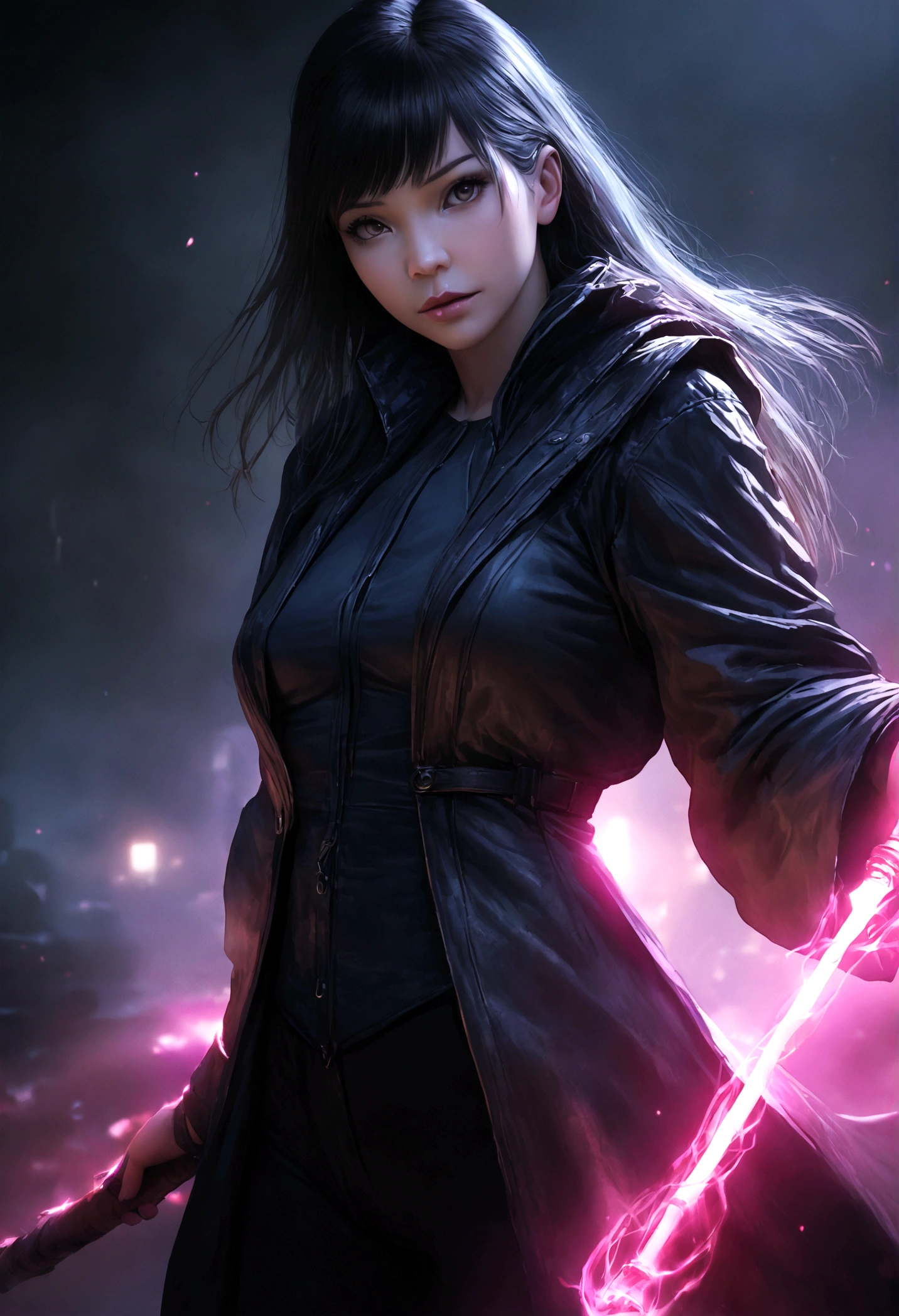 best quality,4k,8k,highres,masterpiece:1.2,ultra-detailed,realistic,photorealistic,photo-realistic:1.37,detailed fantasy female mage, detailed cyberpunk outfit, intricate magical staff, glowing energy effects, dramatic lighting, moody atmosphere, vibrant colors, cinematic composition