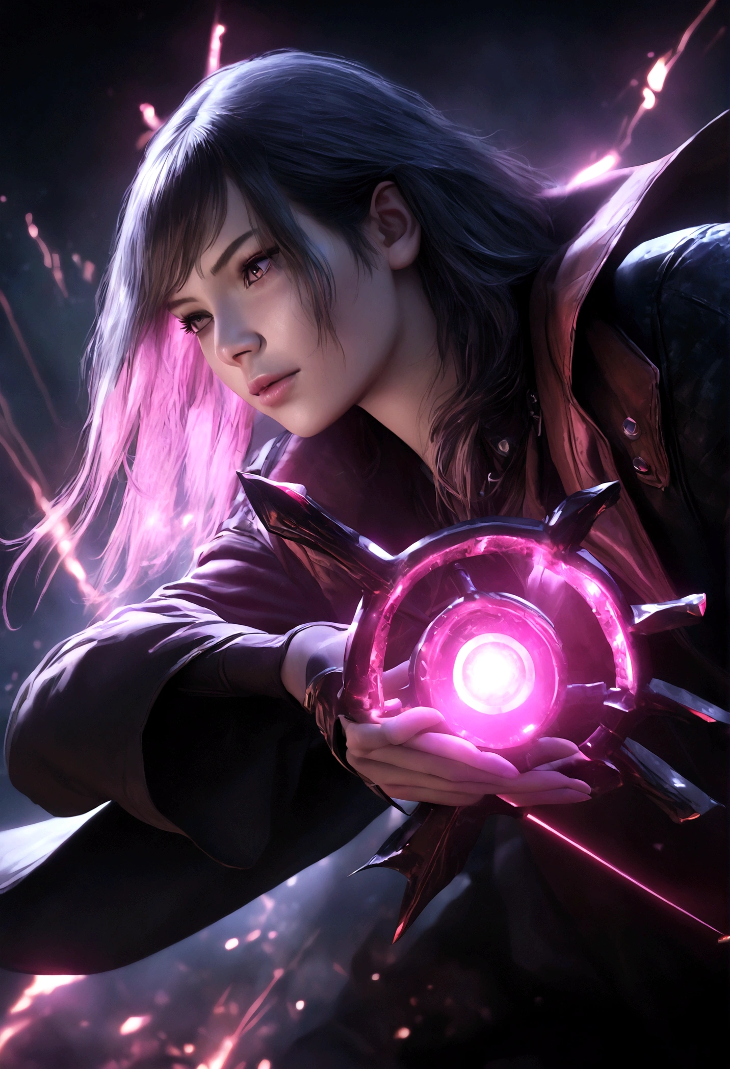 best quality,4k,8k,highres,masterpiece:1.2,ultra-detailed,realistic,photorealistic,photo-realistic:1.37,detailed fantasy female mage, detailed cyberpunk outfit, intricate magical staff, glowing energy effects, dramatic lighting, moody atmosphere, vibrant colors, cinematic composition