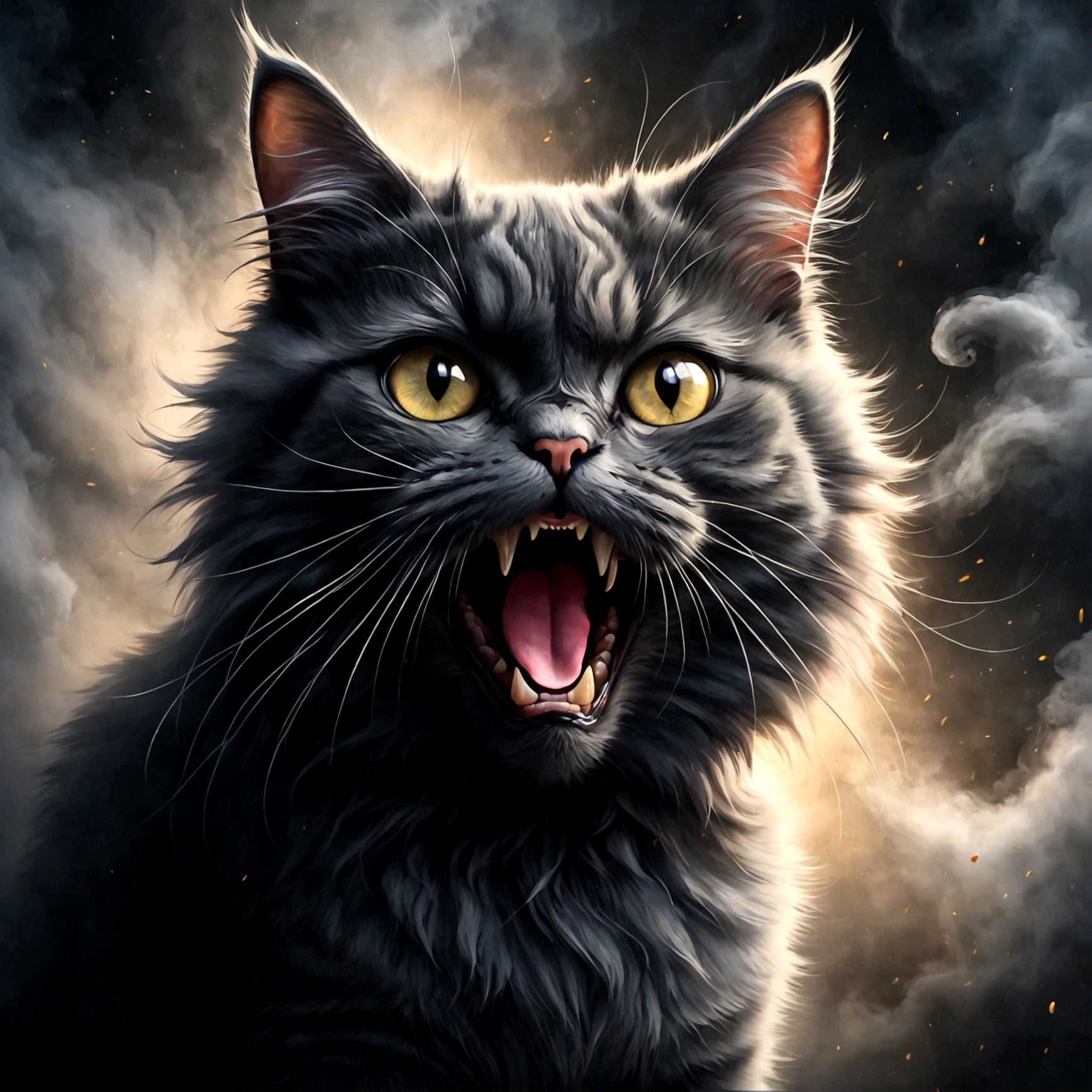 Photo of a cat that hates humans,(Cat 1,Photoreal,focus on reality,disgust that cannot be hidden,((Sense of distrust)),((anger)),((disgust)),cat with open mouth,cat's threatening behavior),(Creates an abstract background with the image of disgust,dim background,Swirling black mist,light/dark),fluffy cat,anatomically correct