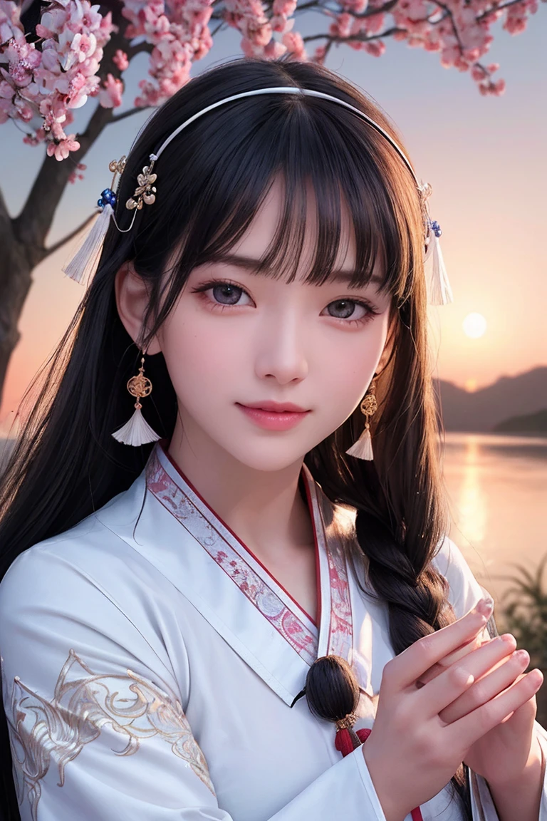 Face close-up，fortune teller、Prayer、 Ultra-fine face，woman， Chinese style， Ancient Wind，Hanfu， Sitting pose， Long white hair， Delicate clothing patterns， grace， Gorgeous， grace， smile，Sky Sky， ribbon，Sense of brokenness， It is， Bubble， Double up braid， Hairline， Diagonal bangs， hair band， hair ornaments，Sparkling， Cinema Lighting，  Hyper HD， High resolution， 最high quality， 8k， High detail， high quality， Super Detail， Anatomically correct， masterpiece， Accurate，plump，Landscape painting，screen