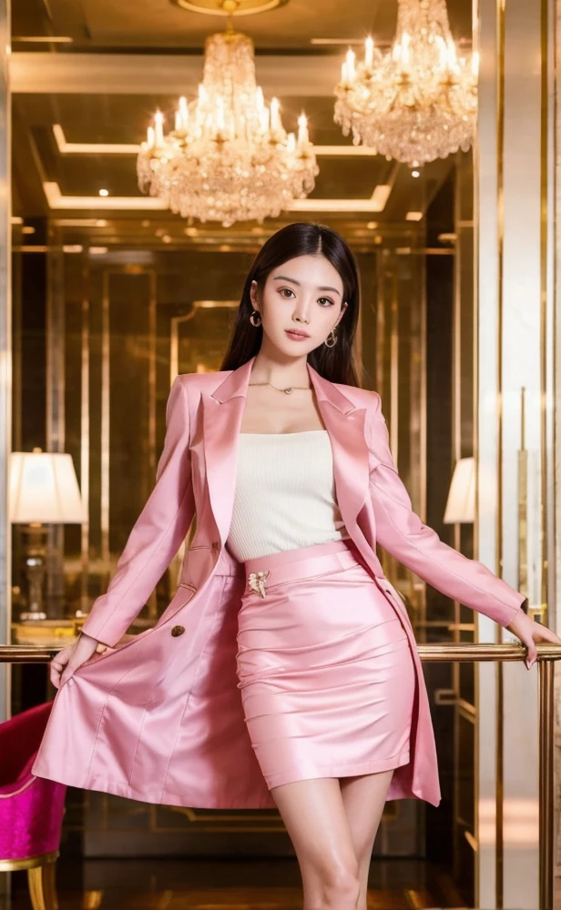 A woman wear pink suit, (tight skirt), short skirt ,Gorgeous Chinese model, sexy,beautiful asian girl, In a luxury jewelry store,