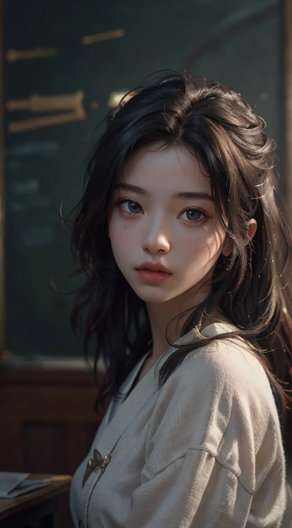 (RAW Photos, highest quality), (Realistic, photo-Realistic:1.3),highest quality,Very detailed,masterpiece,Very detailed,shape,One Girl,full_body,Dynamic Angle,world masterpiece theater,Messy_length_hair,highest quality,Very detailed CG , 8k,,ink,wonderful,Cinema Lighting,lens_Flare, Dunhuang_style, In the classroom、Perfect Face:1.2,
