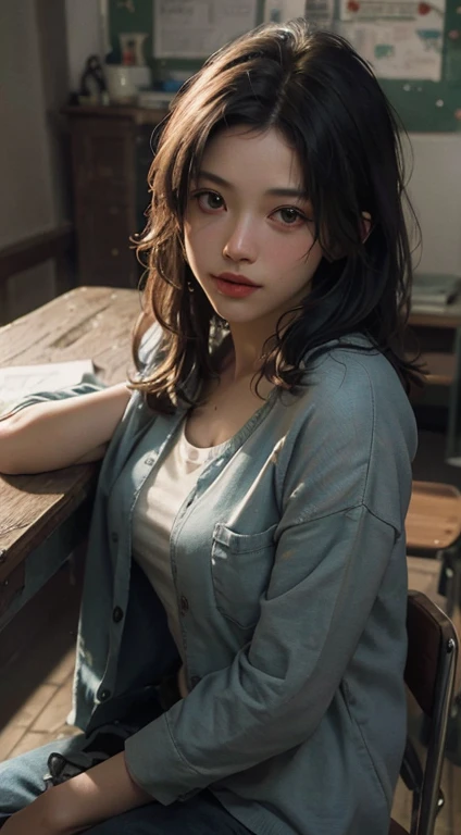 (RAW Photos, highest quality), (Realistic, photo-Realistic:1.3),highest quality,Very detailed,masterpiece,Very detailed,shape,One Girl,full_body,Dynamic Angle,world masterpiece theater,Messy_length_hair,highest quality,Very detailed CG , 8k,,ink,wonderful,Cinema Lighting,lens_Flare, Dunhuang_style, In the classroom、Perfect Face:1.2,
