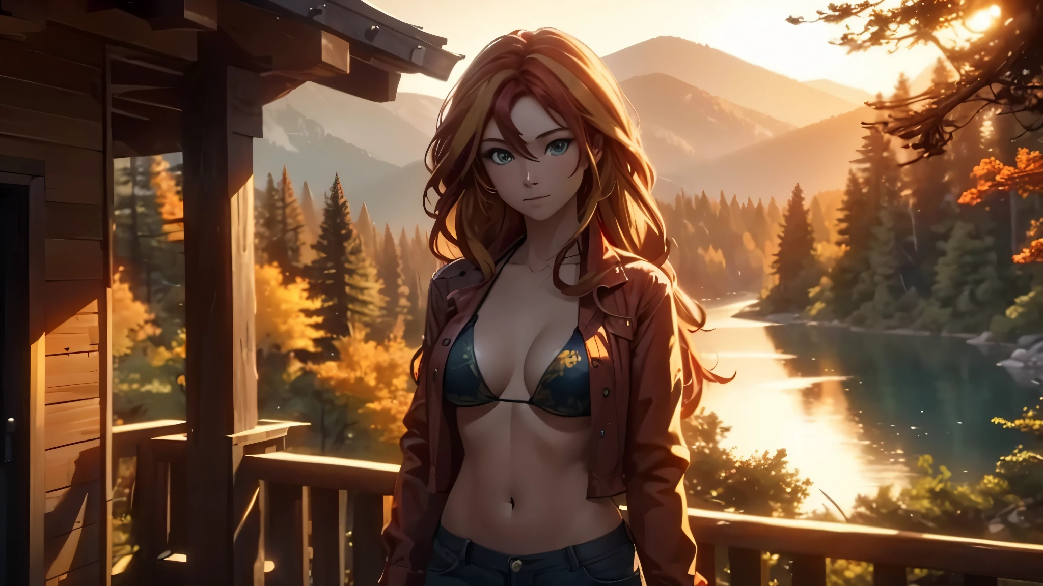 sunsethuman, beautiful girl, 1girl, medium breasts, red and yellow hair, open shirt, bikini, standing on porch of picturesque cabin in woods overlooking lake, sunrise, vivid colors, photorealistic, masterpiece, ultra-detailed, realistic, highly detailed, dynamic lighting, volumetric lighting, vibrant colors, dramatic lighting, cinematic, natural lighting