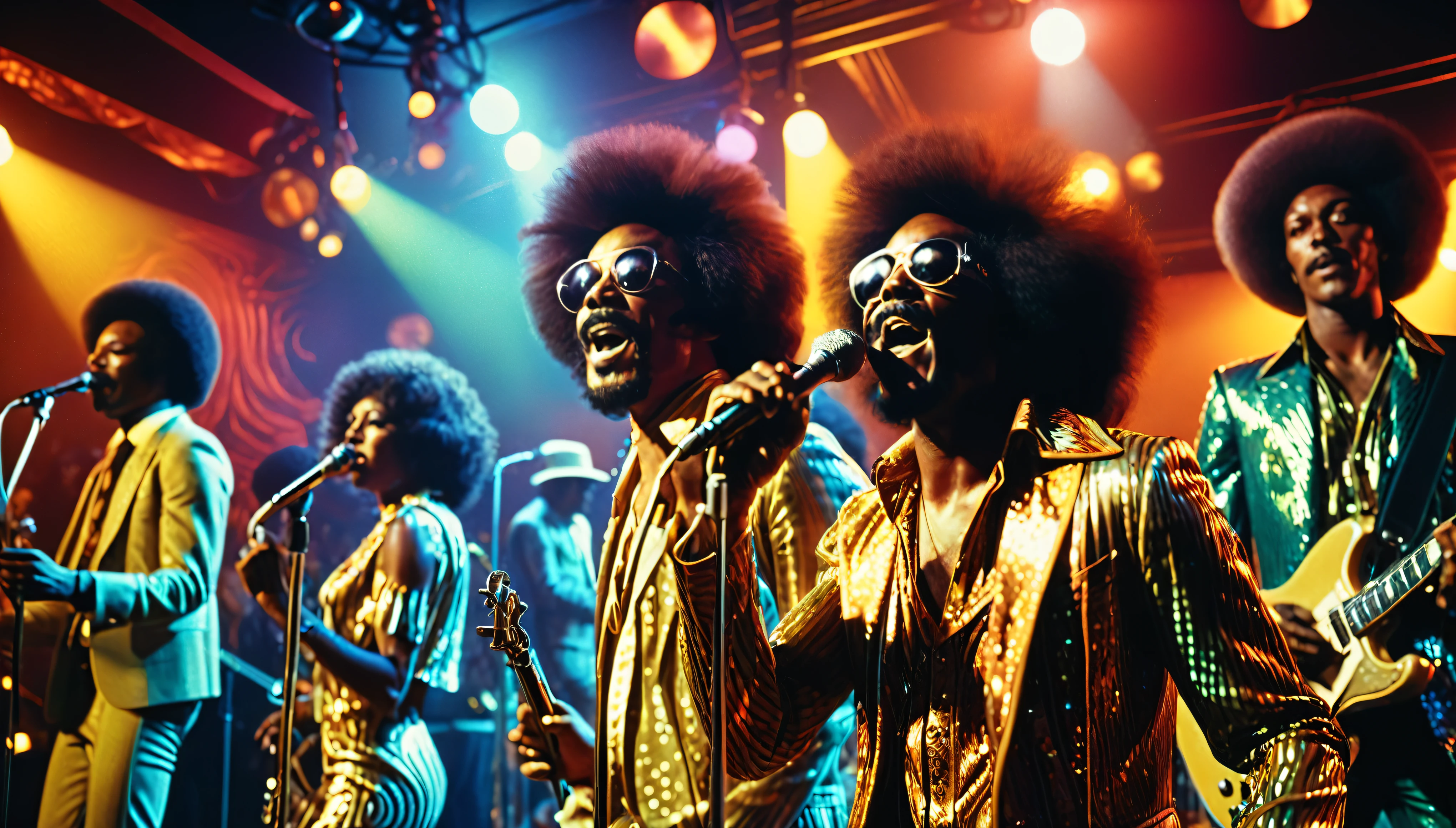 1970's funk band performing on stage in a crowded nightclub, African-American people, 2 male singers and 1 female singer, psychedelic atmosphere, 35mm, atmospheric perspective, depth of field, cinematic lighting, reflection light, backlighting, masterpiece, anatomically correct, textured skin, super detail