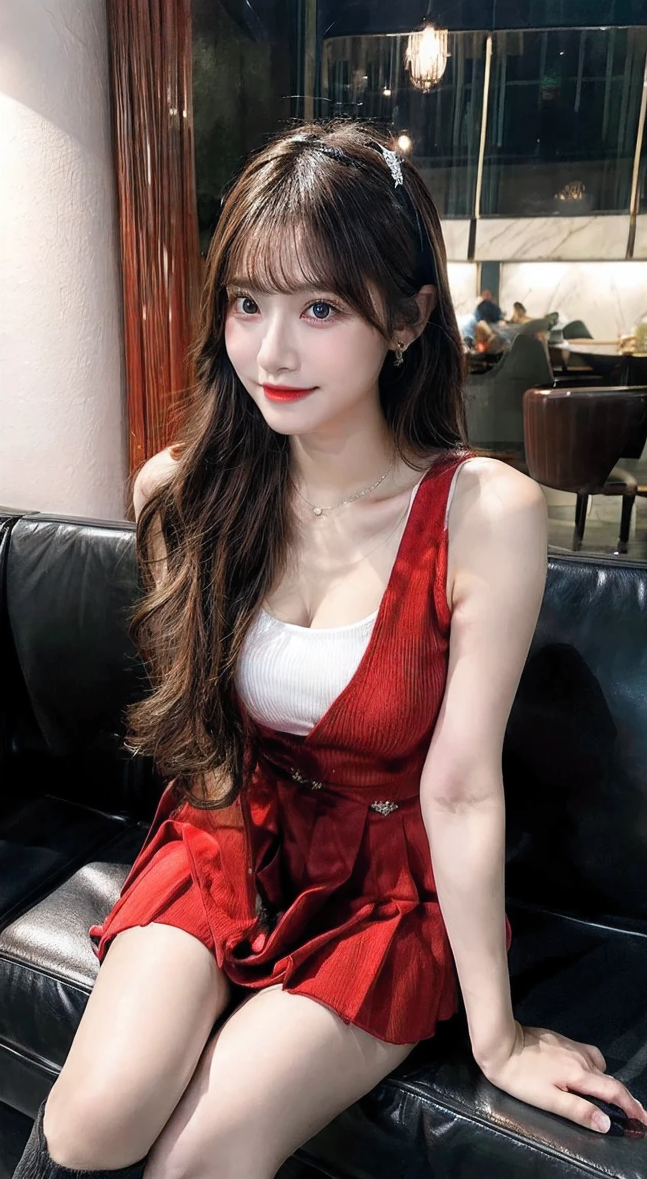 22 year old Indonesian girl sitting in a luxury cafe wearing a red dress with a black mini skirt