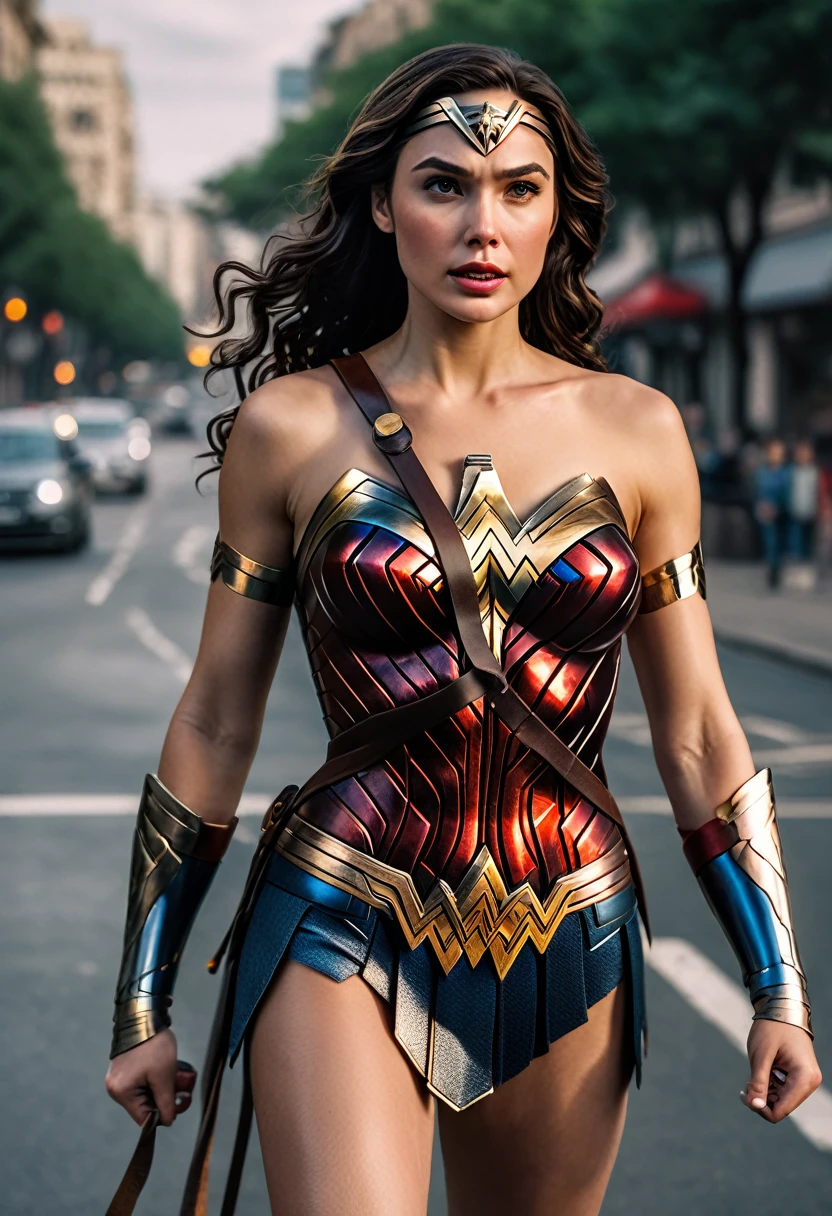 best quality, 8k, very delicate and beautiful, highly detailed face and skin texture, shiny skin, high resolution, wonder woman stand on street, full body, sharp focus