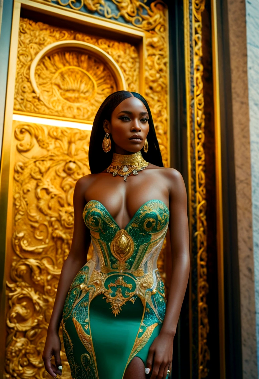 35mm film photography, Dramatic, front-view street portrait of a Nigerian woman in magnificent Versace haute couture, depicted as a powerful superhero in front of the Lacerda elevator. Meticulously detailed facial features and ornate, intricate clothing, illuminated by vivid fluorescent lighting that merges Gucci, cinema, and Darkcore Baltic Violence aesthetics. Captured in a fashion editorial style, similar to the work of photographer Lidewij Edelkoort, the image is elegant, realistic, and visually captivating., high detail, vibrant color palette, Golden-hour lighting, cinematic angle composition, 50mm
