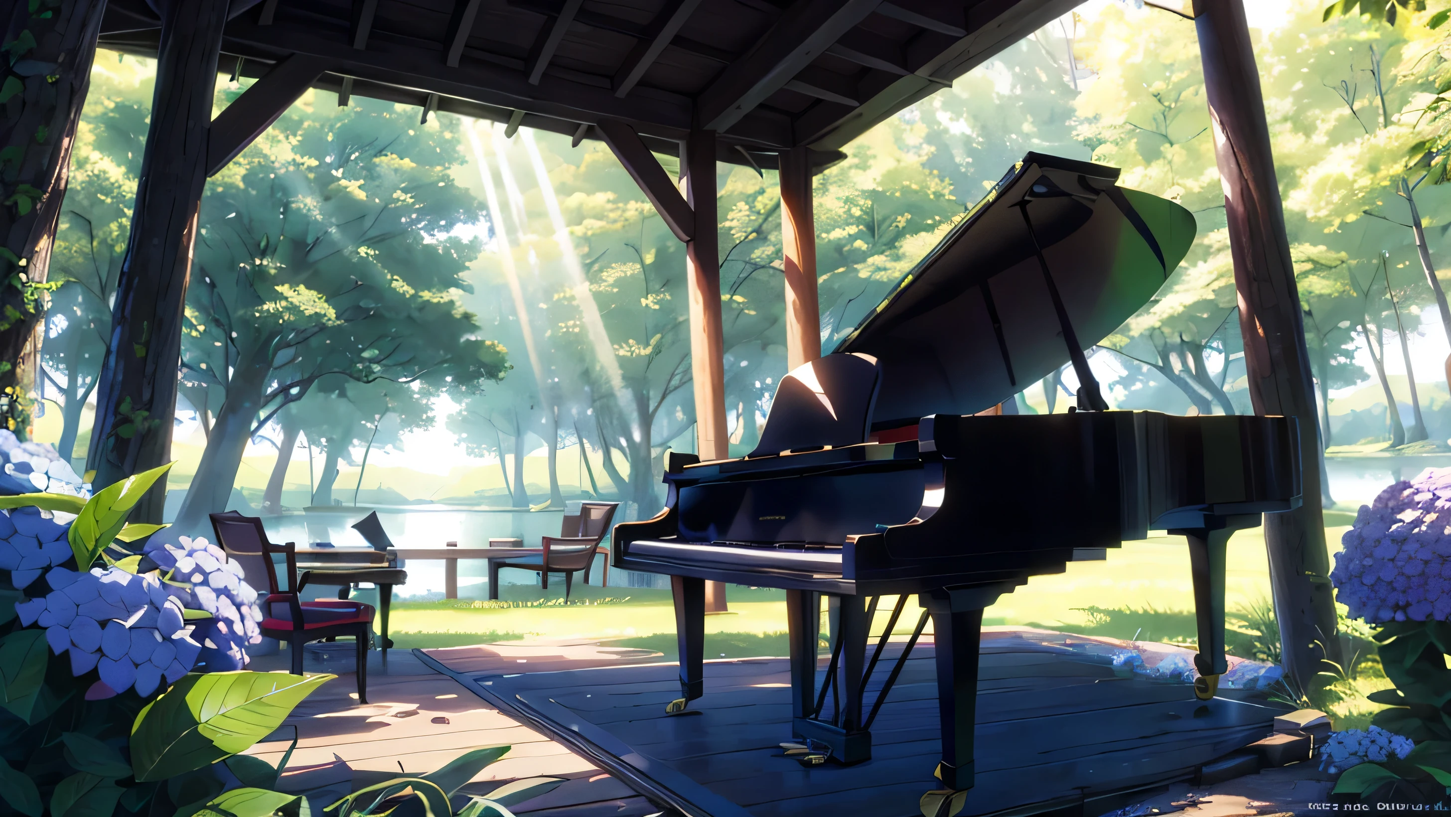 A forest with a large lake, a grand piano standing alone in an open space, sunlight filtering through the trees, a Makoto Shinkai-style illustrationA grand piano has three legs、Grand piano in the woodakoto Shinkai style touch、anime、bright green、rainbow、hydrangea、Sunlight filtering through the trees、only１Grand pianos、There is no one、Piano only