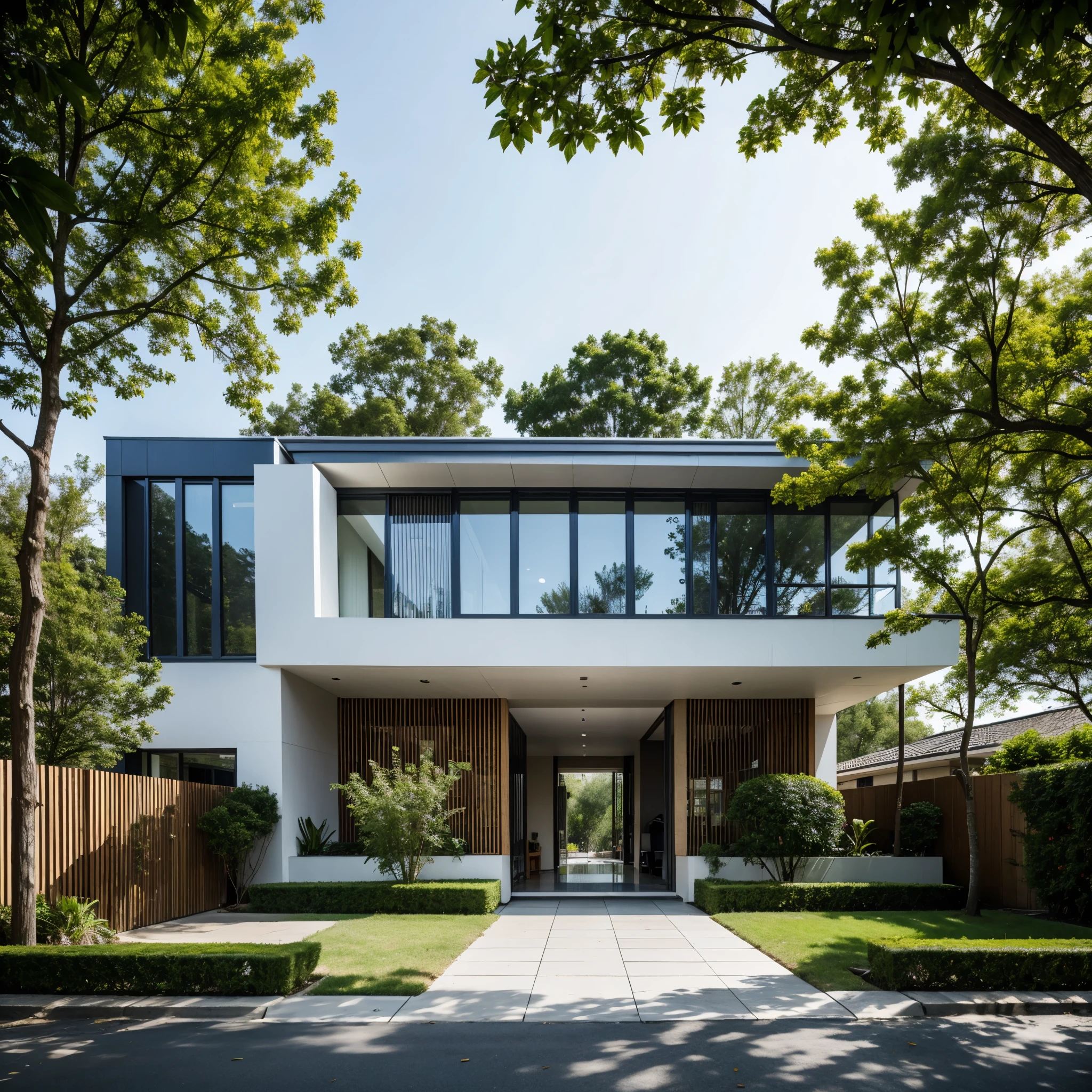 RAW photo of minimalist and modern one-story house, in the new residential area, (road), street, gate, facing the road, (sidewalk), sidewalk tree, Lotus pond and banana trees around, in the style of editorial photography, Canon EOS, ((realistic)), (Sharpen:1.4)
