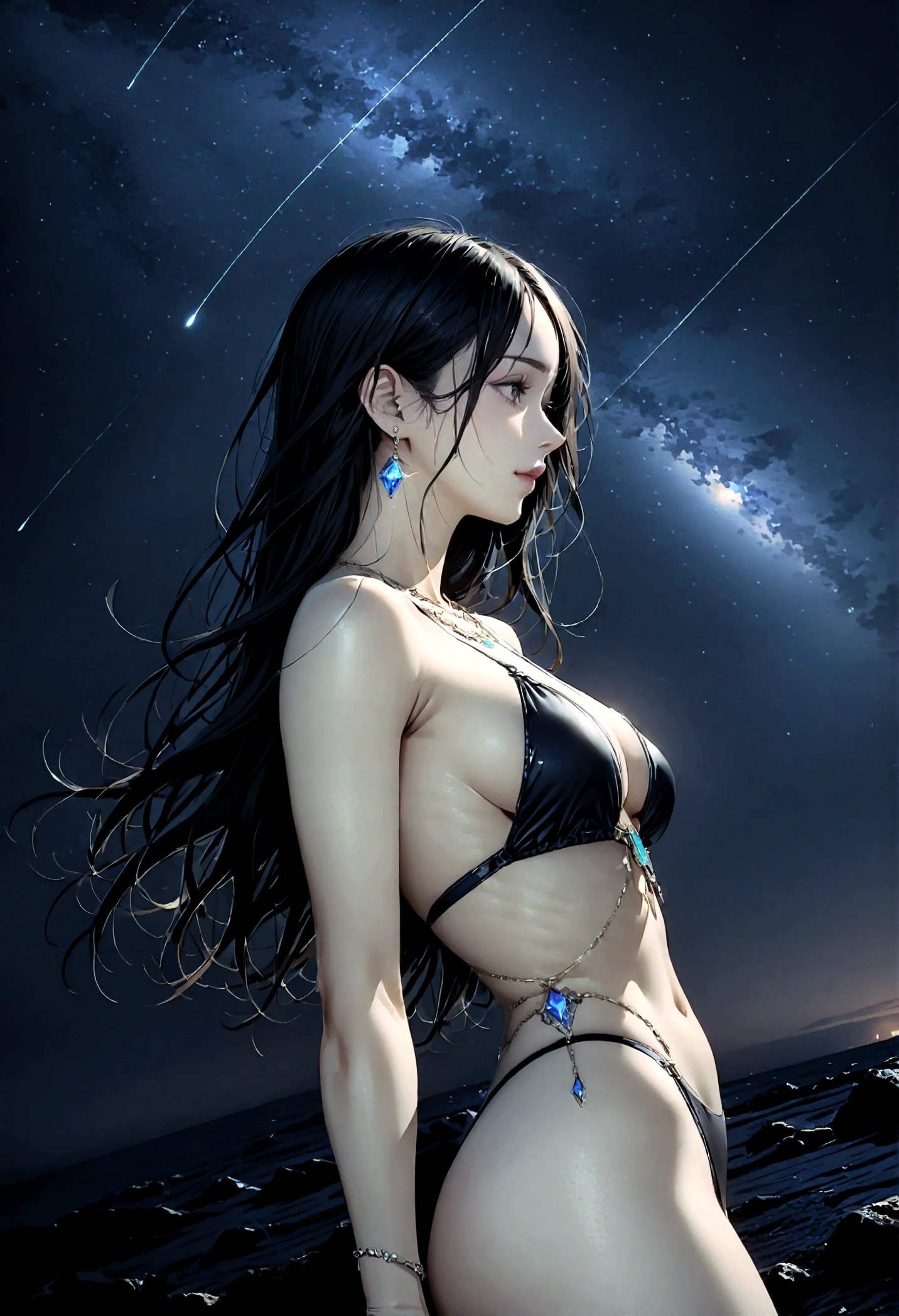 8k, masterpiece, RAW Photos, highest quality, Realistic, Very detailed, Depth of written boundary, Cinematic Light, Anatomically correct body,
One beautiful 40 year old woman, Very beautiful face, Exquisitely detailed face, (A calm and gentle face:1.4), Very delicate skin texture, Transparent muscle, Shiny white skin, Glamorous Body,
(Wavy black long hair:1.2), Sexy Breasts, Sexy ass,
(Skimpy hentai swimsuit:1.4), (Detailed cloth texture:1.2), (Body chain accessory with detailed jewel studded embellishments:1.3), (Gorgeous necklace:1.1), (Gorgeous earrings:1.1),
(Dark starry background:1.4), (Milky Way:1.1), (milky way:1.1), (shooting star:1.1), (Dark coastline at night:1.4), (Pitch black sea surface:1.4),
(Standing on the beach:1.2),
(Low angle shot:1.8),