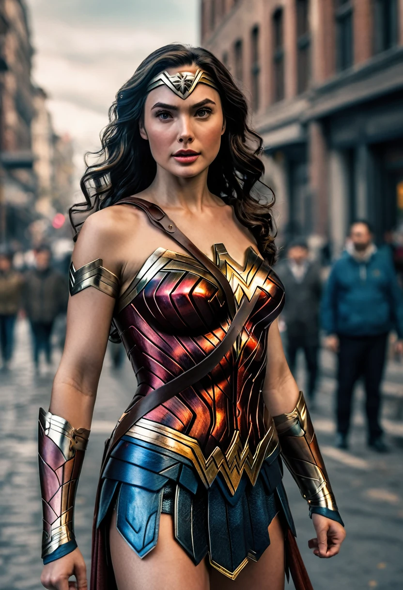 best quality, 8k, very delicate and beautiful, highly detailed face and skin texture, shiny skin, high resolution, wonder woman stand on street, full body, sharp focus