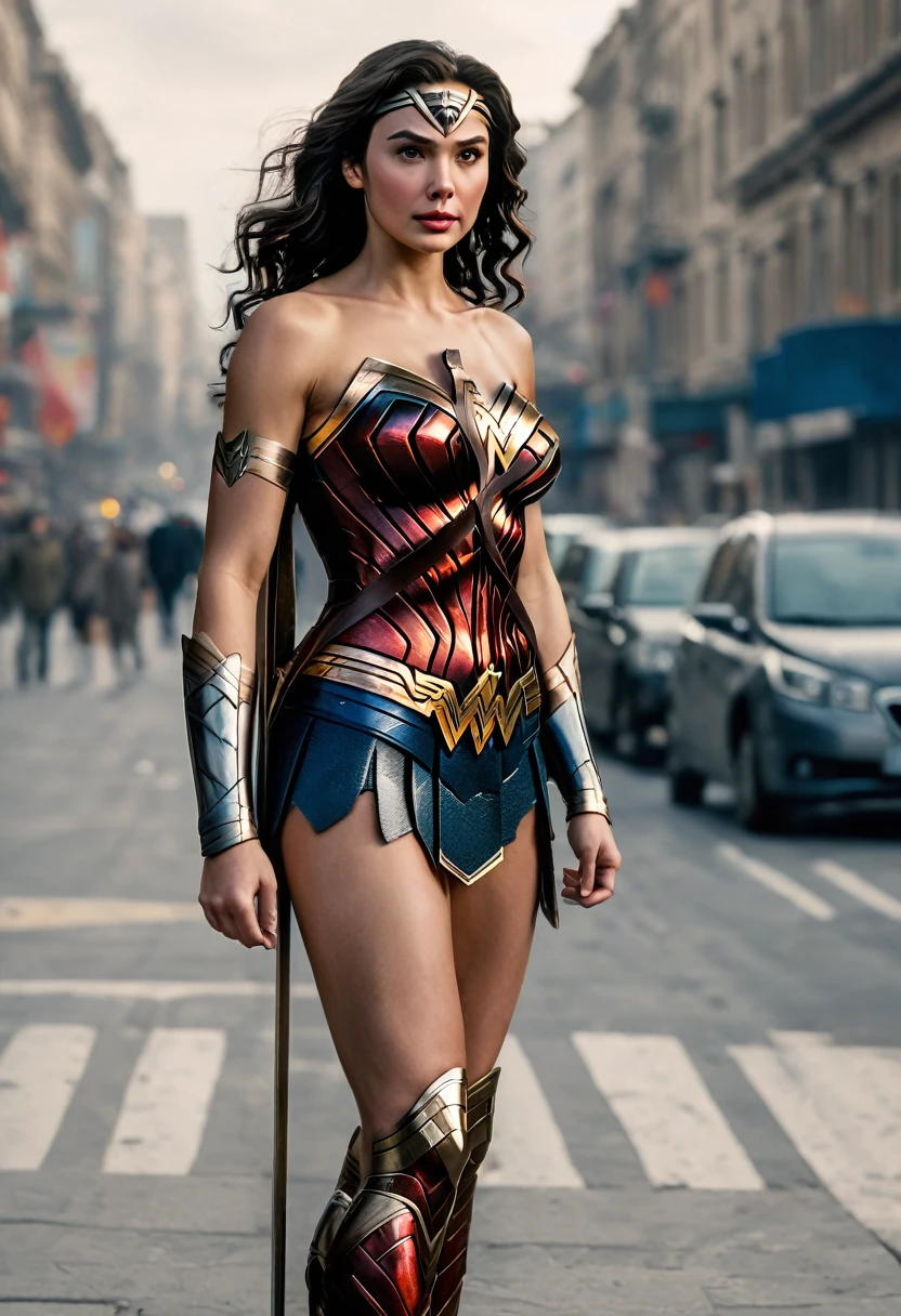 best quality, 8k, very delicate and beautiful, highly detailed face and skin texture, shiny skin, high resolution, wonder woman stand on street, full body, sharp focus