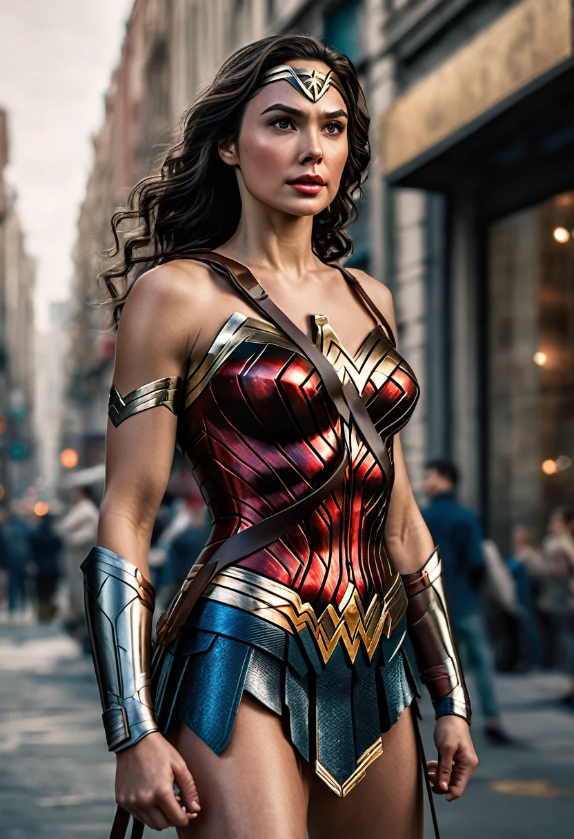best quality, 8k, very delicate and beautiful, highly detailed face and skin texture, shiny skin, high resolution, wonder woman stand on street, full body, sharp focus