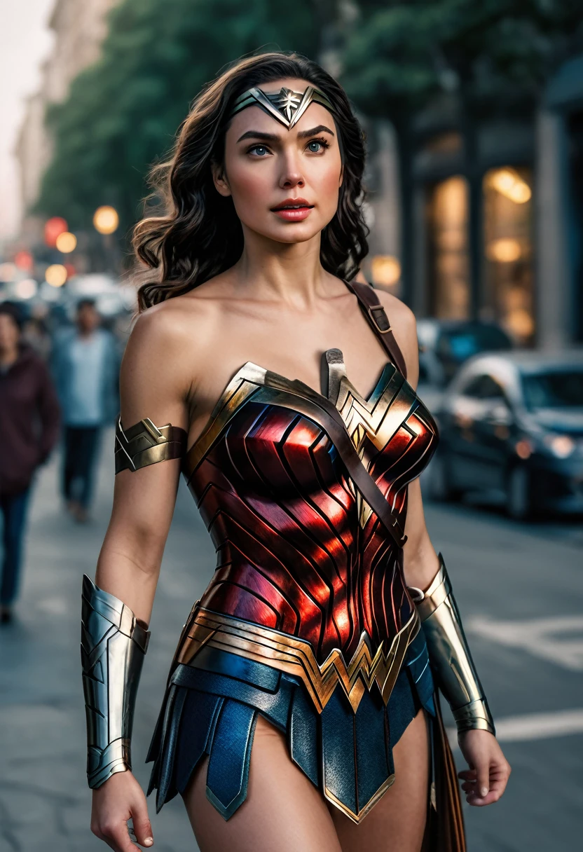 best quality, 8k, very delicate and beautiful, highly detailed face and skin texture, shiny skin, high resolution, wonder woman stand on street, full body, sharp focus