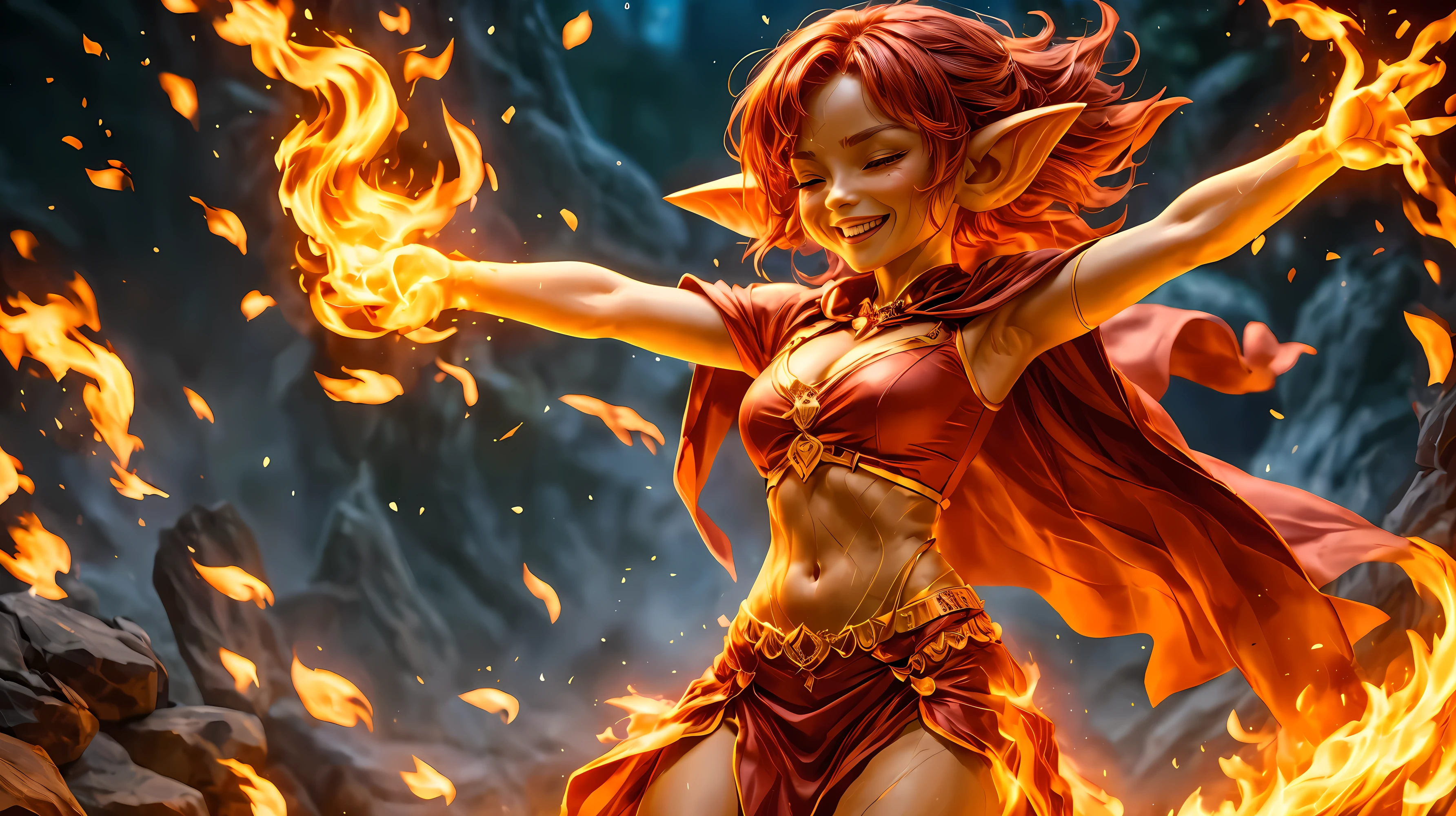 solo, 1girl, ((best quality)), ((masterpiece)), (detailed), 4k, very small goblin girl, ((bright red skin)), pointy ears, fire hair, eyes closed, on fire, sheer red cape, smoldering, looking at viewer, sexy smile, visible midriff, dynamic pose, cinematic still, at a big dance party, dancing, cheering, excited, very happy, celebrating, jumping, joyful, action pose, mouth open, yelling