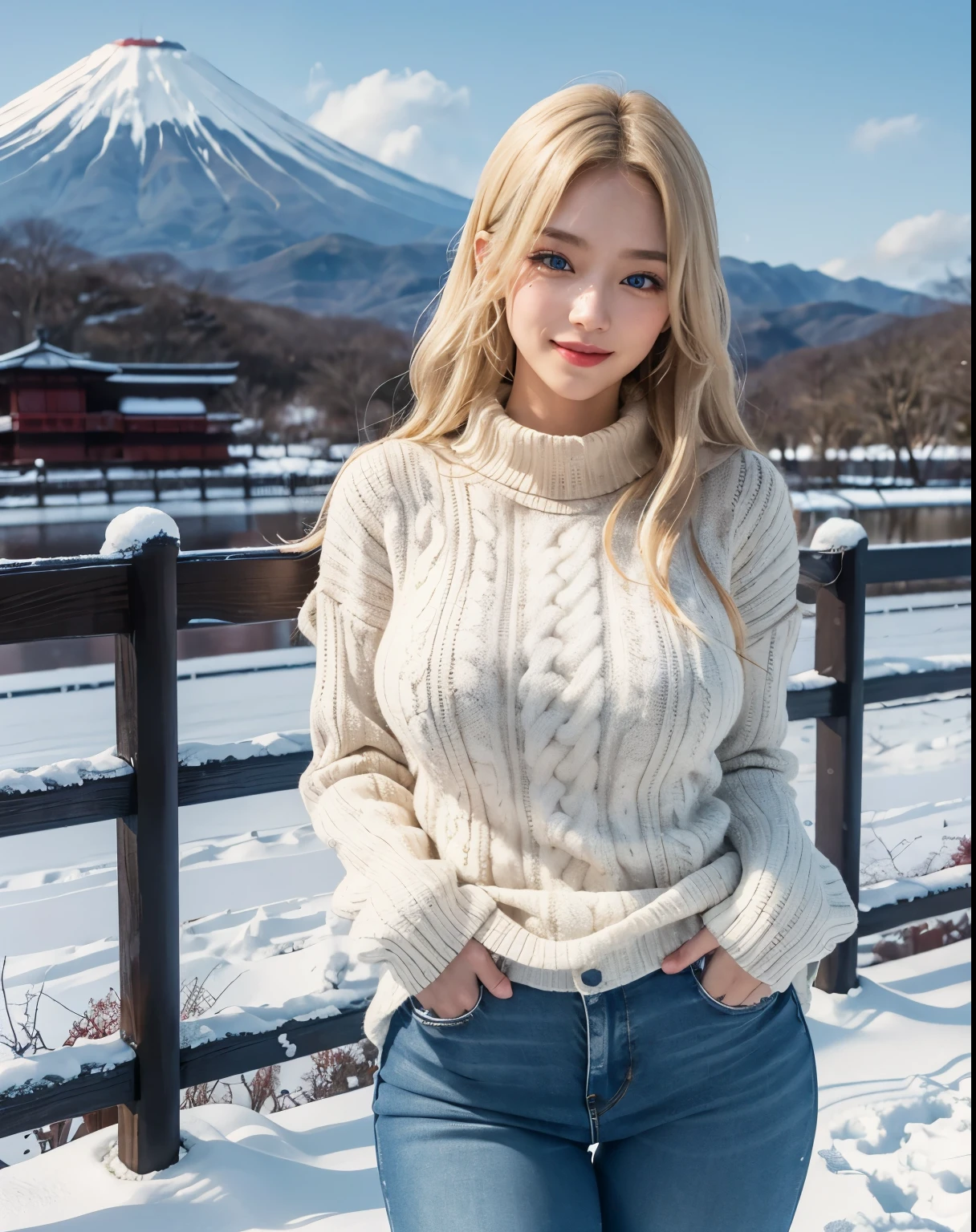 (Blue Eyes), (smiling), (big tits 1.2), big ass, wide hips, (Best Quality, 8k, Masterpiece: 1.3), Clear Focus: 1.2, Perfect Body Beauty: 1.4, Highly detailed face and skin texture, detailed eyes, double eyelids, (blonde long hair), white warm sweater, jeans, standing, dynamic pose, in Fuji-Hakone-Izu National Park Japan, snowy day, snow on the ground