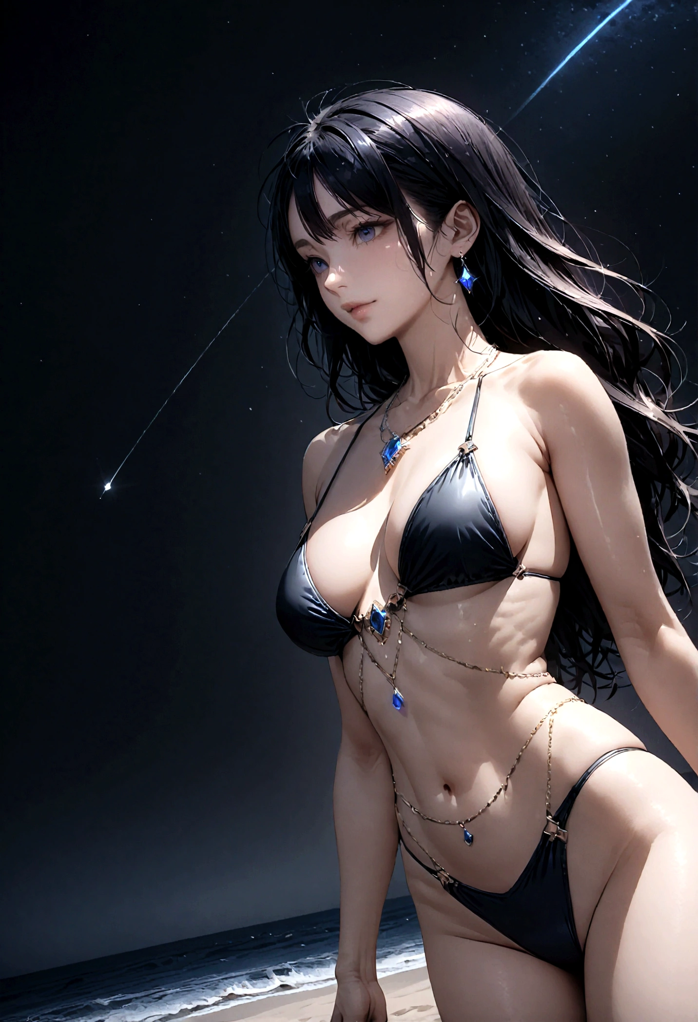 8k, masterpiece, RAW Photos, highest quality, Realistic, Very detailed, Depth of written boundary, Cinematic Light, Anatomically correct body,
One beautiful 40 year old woman, Very beautiful face, Exquisitely detailed face, (A calm and gentle face:1.4), Very delicate skin texture, Transparent muscle, Shiny white skin, Glamorous Body,
(Wavy black long hair:1.2), Sexy Breasts, Sexy ass,
(Skimpy hentai swimsuit:1.4), (Detailed cloth texture:1.2), (Body chain accessory with detailed jewel studded embellishments:1.3), (Gorgeous necklace:1.1), (Gorgeous earrings:1.1),
(Dark starry background:1.4), (Milky Way:1.1), (milky way:1.1), (shooting star:1.1), (Dark coastline at night:1.4), (Pitch black sea surface:1.4),
(Standing on the beach:1.2),
(Low angle shot:1.8),
