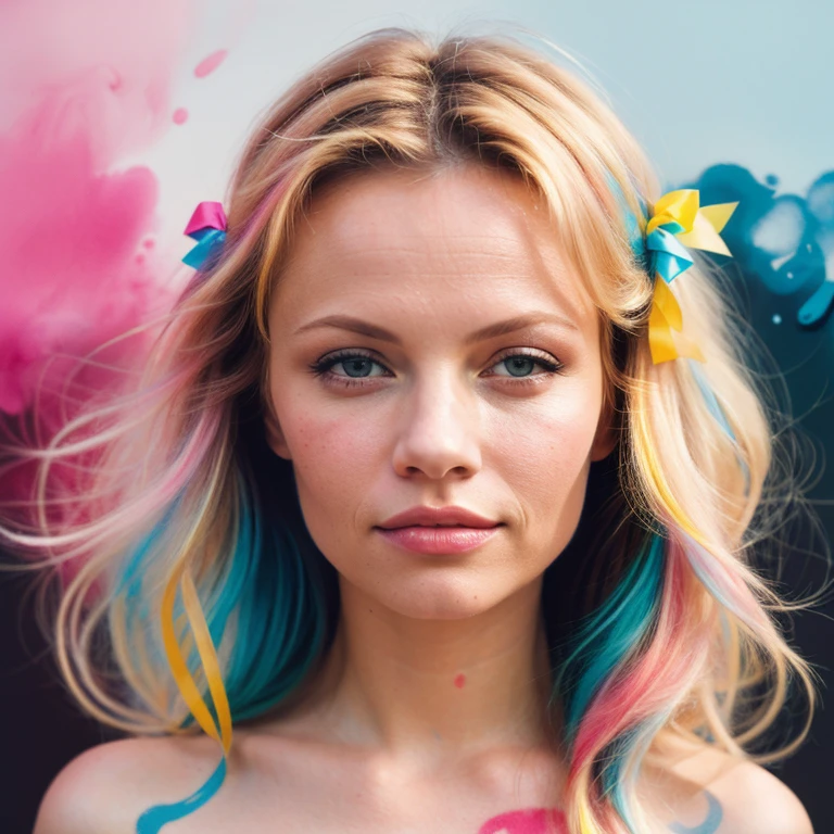(8k, best quality, masterpiece:1.2),(best quality:1.0), (ultra highres:1.0), pencil colors, Pamela Anderson, shoulder, hair ribbons, by agnes cecile, full body photography, extremely luminous bright design, pastel colors, (ink:1.3), autumn lights