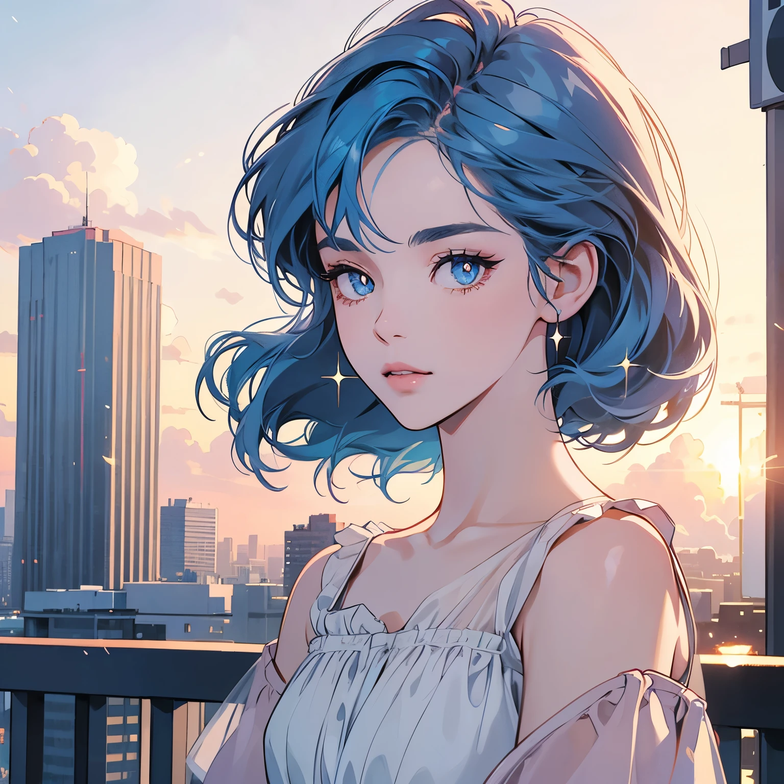 Upper body, 1 Woman, Top Quality, 14k, wind blowing, white camisole, sunset, skyscraper, power lines, crosswalk, sign,(((sparkling eyes))), (((mysterious))), blue hair, detailed hair, detailed background, top quality, light lighting, backlight, dim, clouds, front, (((overhead shot))), looking at viewer backlight, dim, clouds, frontal face, looking at viewer,(((Various hairstyles))),Very beautiful women, Noble,Apartment balcony,Various angles,Short hair