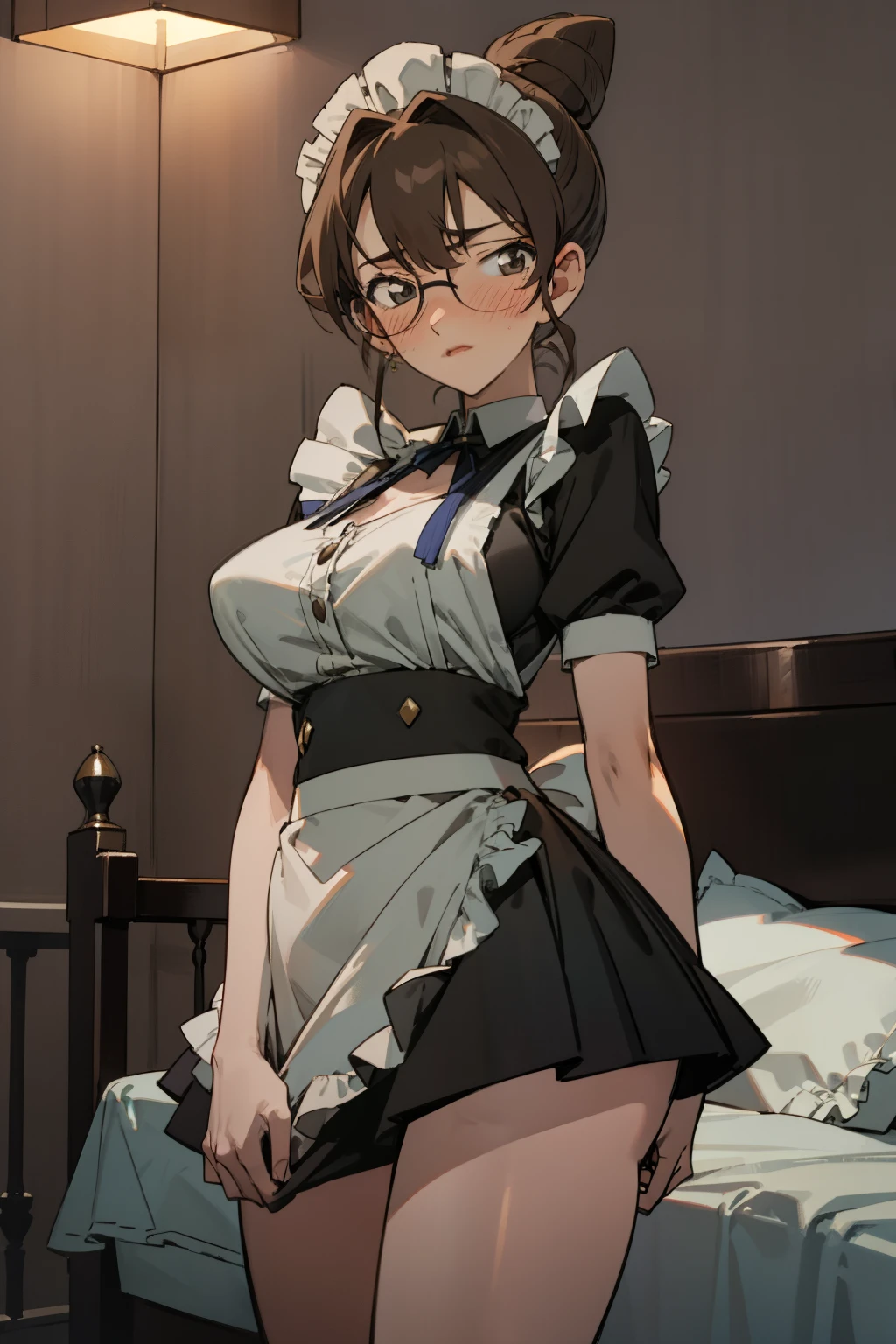 Night time,(Masterpiece), Best Quality, ultra-detailed, 1girl (eri, Slender and sexy body, huge breasts, wide hips, brown hair, single hair bun, brown eyes, spectacles), a weary face, parted lips, nose blush, blush , facing viewer, looking at viewer, solo, maid (black), frill, apron, long skirt, maid headdress, ultra mini skirt, in the bedroom, standing, skirt tug