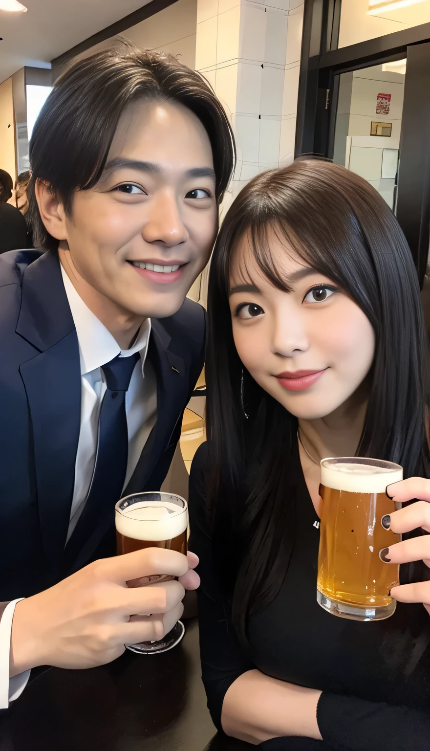 ((highest quality, 8k, Tabletop :1.3)), (Realistic, Realistic:1.4)Beautiful woman with perfect figure :1.4, 超Huge breasts, beautiful, smile, (bright:1.4), Beautiful woman, (Highly detailed face:1.2),  Fine grain, double eyelid, Beautiful Japanese women, slim:1.9, thin, Oily skin, Shiny skin, Silk Hair,Short Bob Black Hair, Tight clothing,Huge breasts,超huge,2 men and 2 women,Two shots,2 men and 2 women,Two shots,2 men and 2 women,Izakaya,Two shots,One Man,2 men and 2 women,But in Japan,Looking into the camera,But in Japan,Two shots,2 people,Selfie Camera,Selfie Camera,couple,couple,Izakaya,Izakaya couple,But in Japan,Two shots,couple,But in Japan,Two shots,couple,But in Japan,Two shots,Short Bob,huge tits,couple,But in Japan,couple,Two shots of But in Japan,But in Japan,Couple,Super huge boobs,CoupleTwo shots,Super huge boobs,Two shots with my uncle,Two shots with my uncle,Two shots with my uncle,date,make out,make out,Love love,Love love,make out,Couple,Couple,Age difference couple,Age difference couple,Age difference couple,Age difference couple,Love love,Love love,friend,friend,Love love,Couple,Love couple,Man with arms around waist,Short Bob,huge ,Selfie Camera,business suit,Beer in one hand