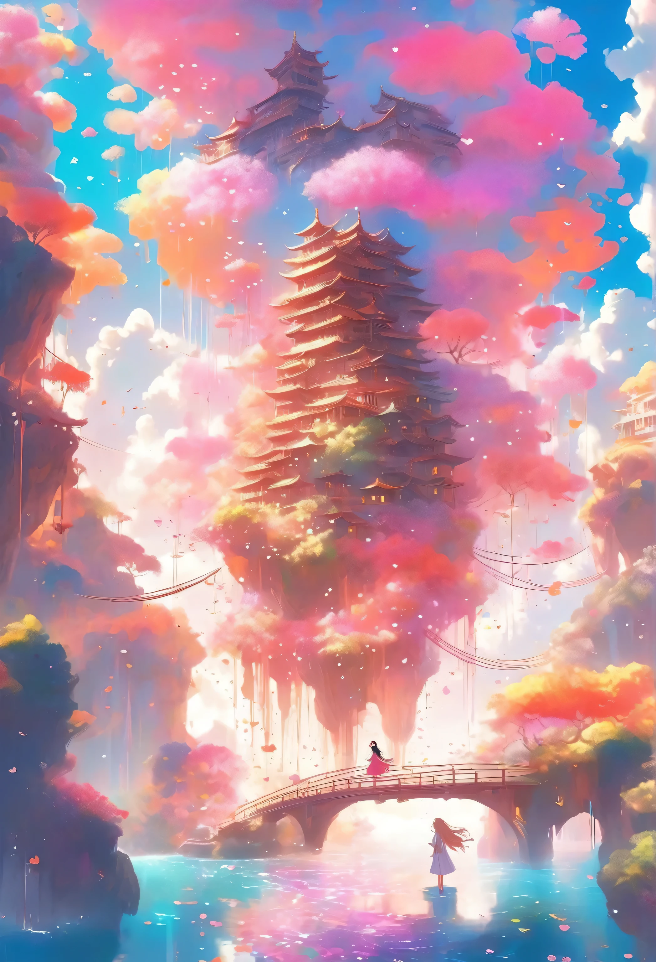Ethereal floating islands interconnected by delicate bridges, 2girl with flowing hair standing in bridges, in a vibrant, sunlit sky with floating petals, serene and whimsical atmosphere, Anime style with highly detailed digital illustration using vibrant colors and soft brush strokes to create a dreamlike effect