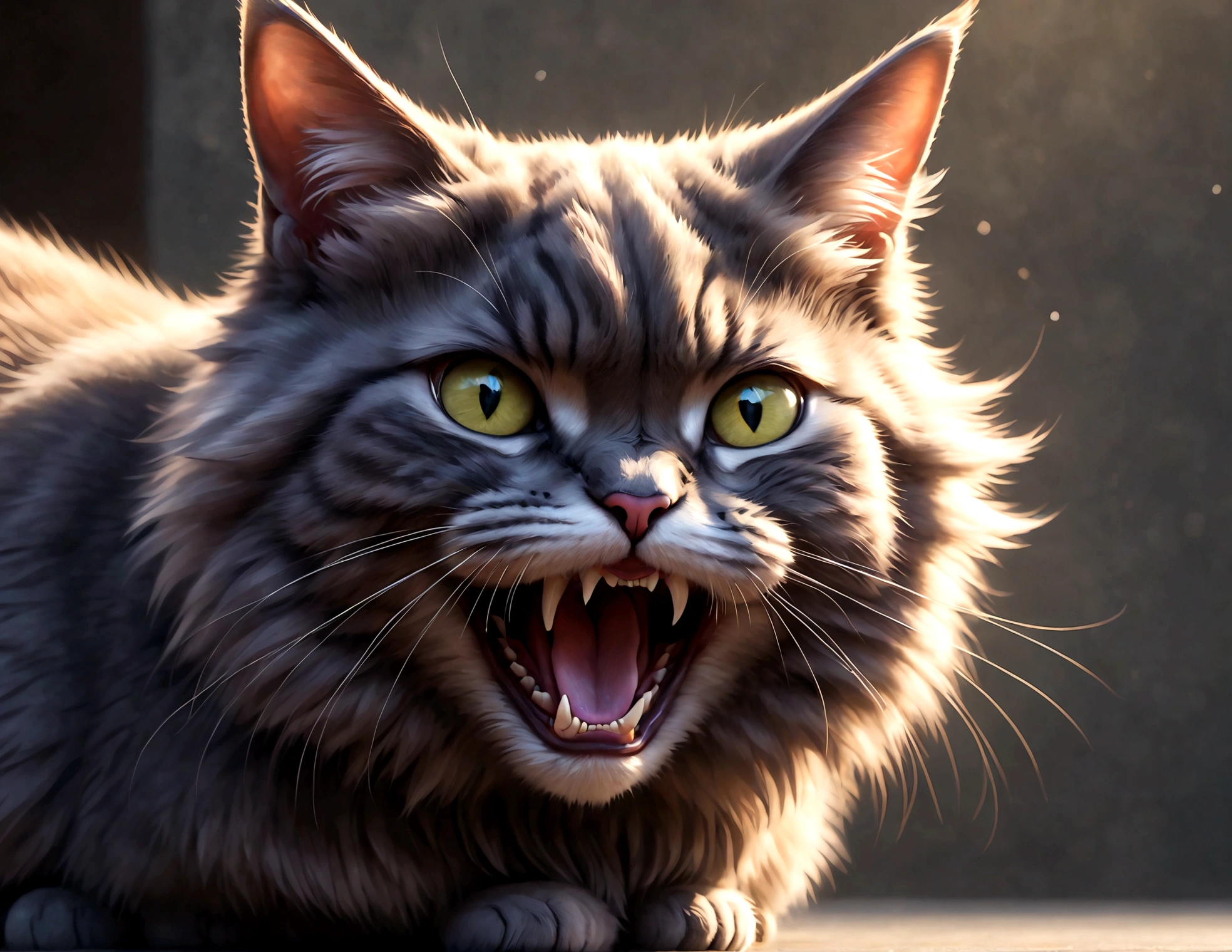 Photo of a cat that hates humans,(Cat 1,Photoreal,focus on reality,disgust that cannot be hidden,((Sense of distrust)),((anger)),((disgust)),cat with open mouth,cat showing fangs,cat's threatening behavior),fluffy cat,anatomically correct