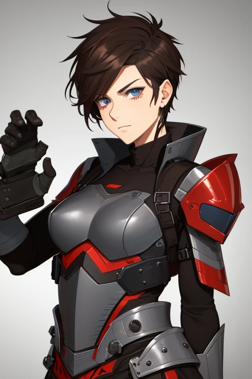 Short Brown mohawk hair, blue eyes, face scars, bad batch black and red colored clone armor, fit with equipment, tattoos, woman
