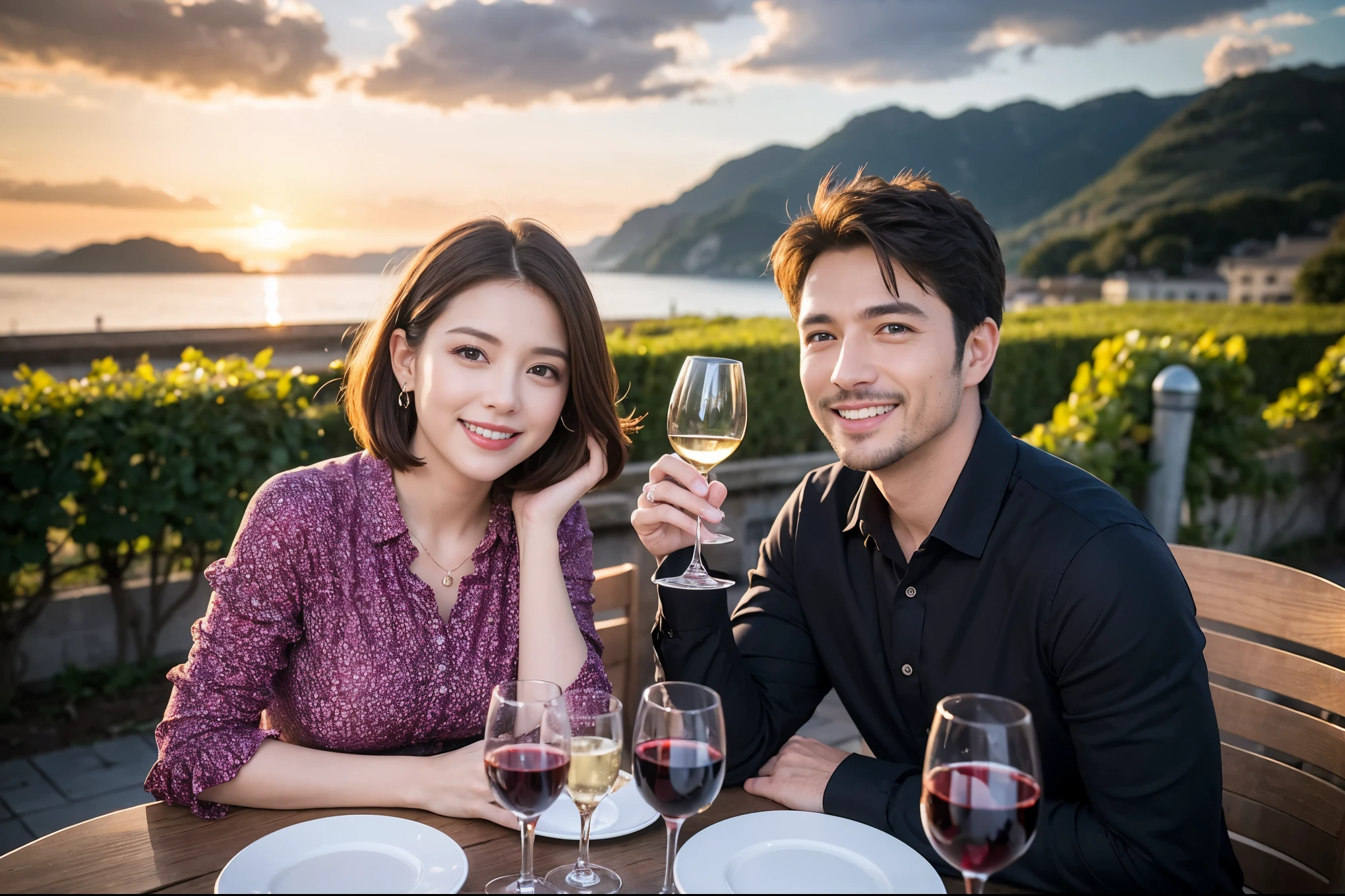 ((highest quality、8k、masterpiece:1.3))、 (Genuineistic, Genuine、Bright image、Intricate details:1.2), Best smile 1 man 1 woman、Beautiful Couple、spouse、Couple、spouse、Beautiful Couple、Smile、full-course dinner、 (Slim face), (The body is slim), (Brown Hair), (short hair), テーブルの上のwine glass、Please shine a light on my face、 Amazing view of the sunset sky and clouds、 (Age 44), 41 years old, red wine 、Appetizers、Wine bottle、sparkling wine、Long sleeve shirt、dress、White wine, red wine, wine glass,