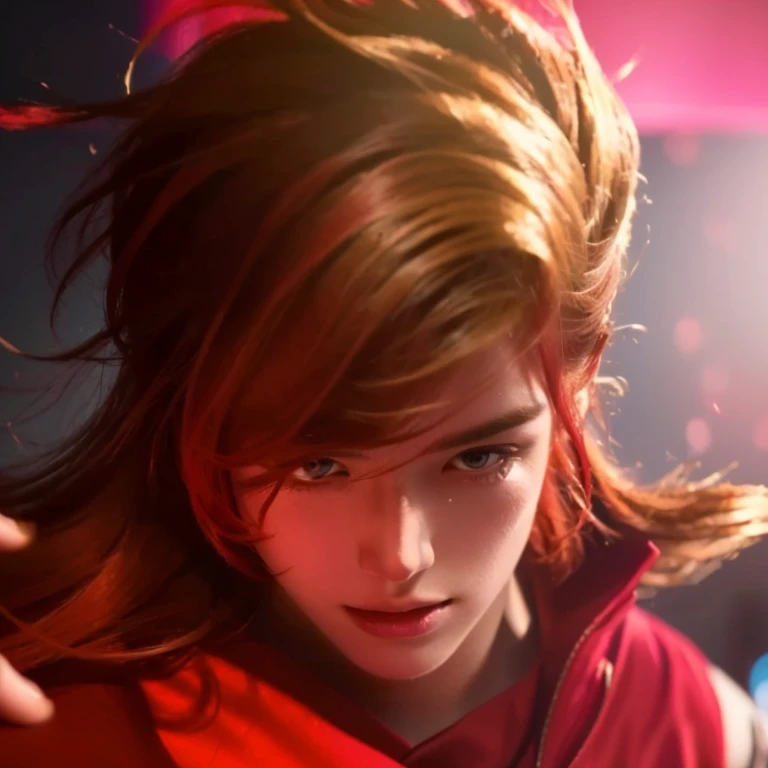 a close up of a handsome boy with a red dress and a red hair