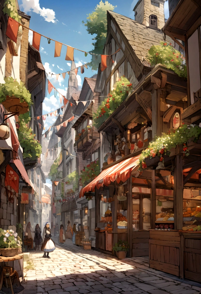 ((((masterpiece, Best Quality, High resolution)))), High detail, manga,anime,Illustrated style,Use of bright colors,Ghibli Studio「Howl's Moving Castle」The colors are like those used in daytime scenes.,Medieval European fantasy worldview, Christmas market daytime, Bustling food stalls,Many food stalls are lined up,There aren't many people,人の着ている服はGhibli Studioの魔女の宅急便のような雰囲気, RPG-like scenery, Colorful tent stalls.Delicious food is on sale, The sky is bright blue、Fluffy white clouds floating, And the sun is shining brightly, Create a magical and cozy atmosphere.