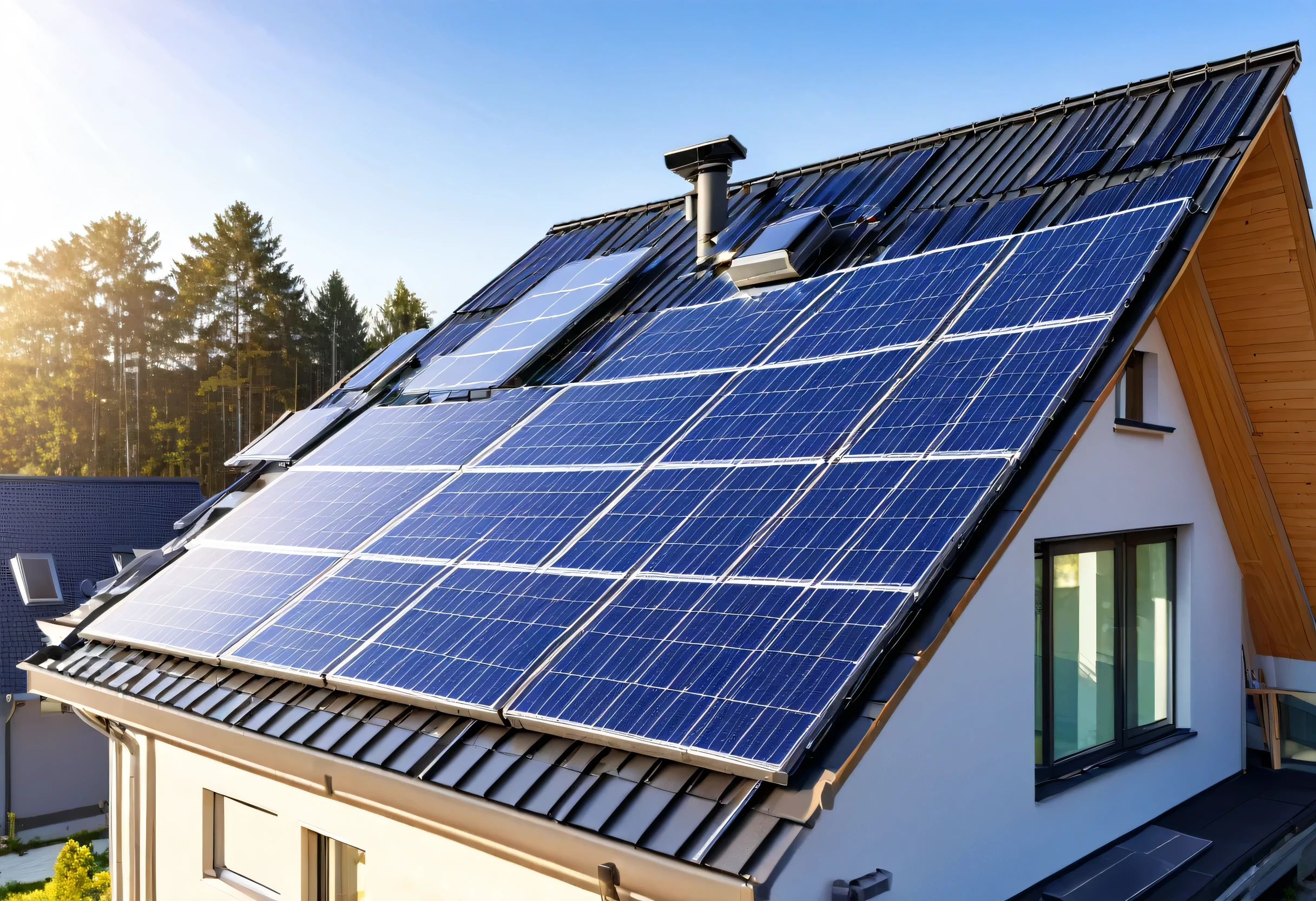 ((best quality)), ((masterpiece)), (detailed), close-up of new suburban apartment with photovoltaic system on the roof. Modern eco friendly passive house with solar panels on the gable roof, with sunlight in the morning vibes