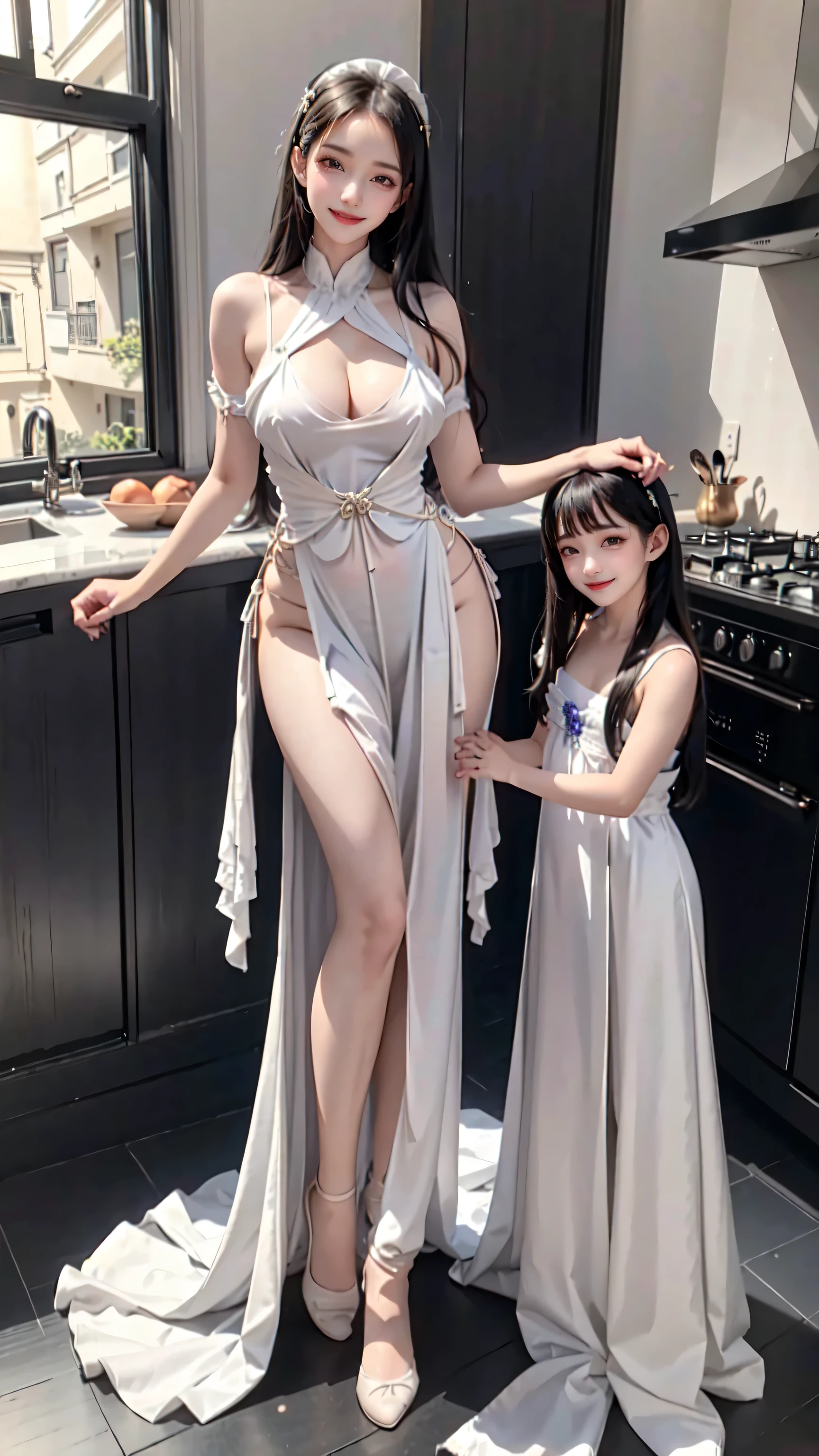 see through clothes(Full body female love:1.3)，best quality, masterpiece, ultra high resolution, (lifelike:1.4), original photo, 1 female,35 years old， black hair, big eyes, Detailed eyes and face,huge breasts，split，long legs，Belted robe open ，bare shoulder，no underwear:1.5,see through clothes，Hollow material white clothes，kitchen:1.3，Smile、sleeveless costume、((Maid clothes))、So that the bottoms of your clothes don't hang down on the floor、((She is carrying her little daughter))