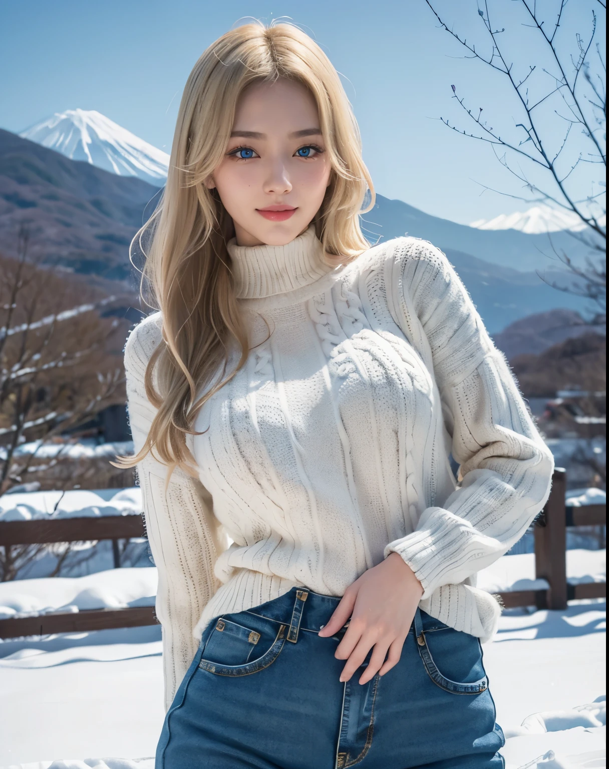 1girl, (Blue Eyes), (smiling :1.2), (Sana Minatozaki), wide hips, big tits, big ass, (Best Quality, 8k, Masterpiece: 1.3), Clear Focus: 1.2, Perfect Body Beauty: 1.4, strong abs, Highly detailed face and skin texture, detailed eyes, double eyelids, (blonde long hair :1.2), sweater, (pink warm sweater :1.3), jeans :1.1, standing, dynamic pose, in a snowy square in Tokyo Japan, snowy temple in the background, blurred background