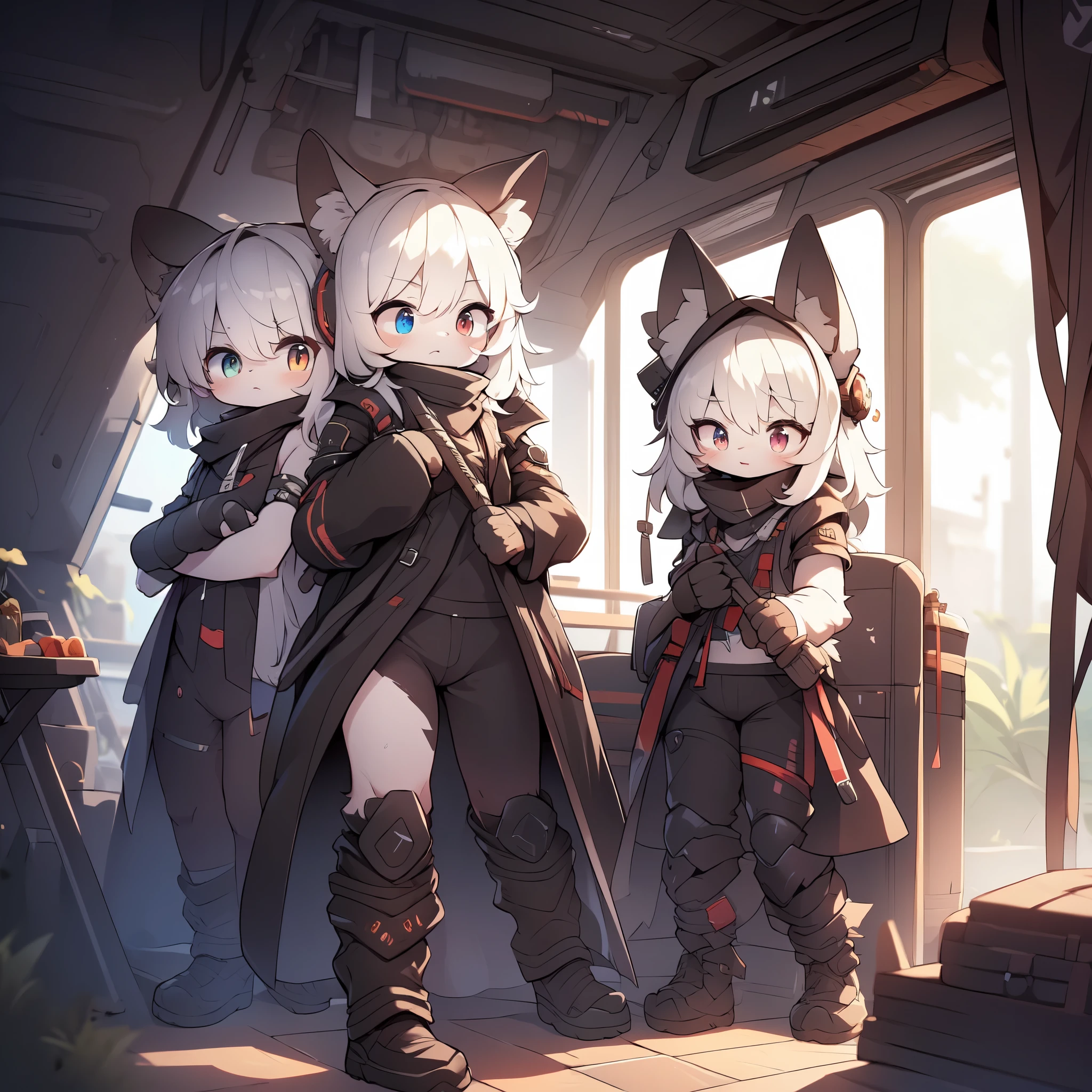 Kawaii, Striped Fluffy Fox, emaciated, long hair, 3girls, artificial synthetic skin, life support prosthetics, digital headphones, black tight latex bodysuit, white long dress, thigh-high-socks, shorts, loose off-the-shoulder hood open jacket, holsters in thigh, Mechanical boots, tactical knee pads, tactical belted loose Arm Sleeves, cybernetic Display gloves, chest rigs, tactical belts, blue archive halo, bulletproof goggles on forehead, from Ark nights, ray tracing, depth of field, bloom, masterpiece, ccurate, high details, highres