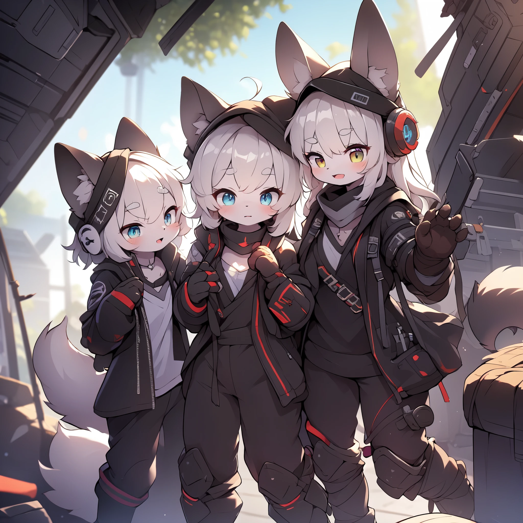 Kawaii, Striped Fluffy Fox, emaciated, long hair, 3girls, artificial synthetic skin, life support prosthetics, digital headphones, black tight latex bodysuit, white long dress, thigh-high-socks, shorts, loose off-the-shoulder hood open jacket, holsters in thigh, Mechanical boots, tactical knee pads, tactical belted loose Arm Sleeves, cybernetic Display gloves, chest rigs, tactical belts, blue archive halo, bulletproof goggles on forehead, from Ark nights, ray tracing, depth of field, bloom, masterpiece, ccurate, high details, highres