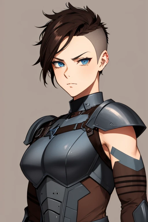 Short Brown mohawk hair, blue eyes, face scars, bad batch black and red colored clone armor, buff, muscular, fit with equipment, tattoos, woman