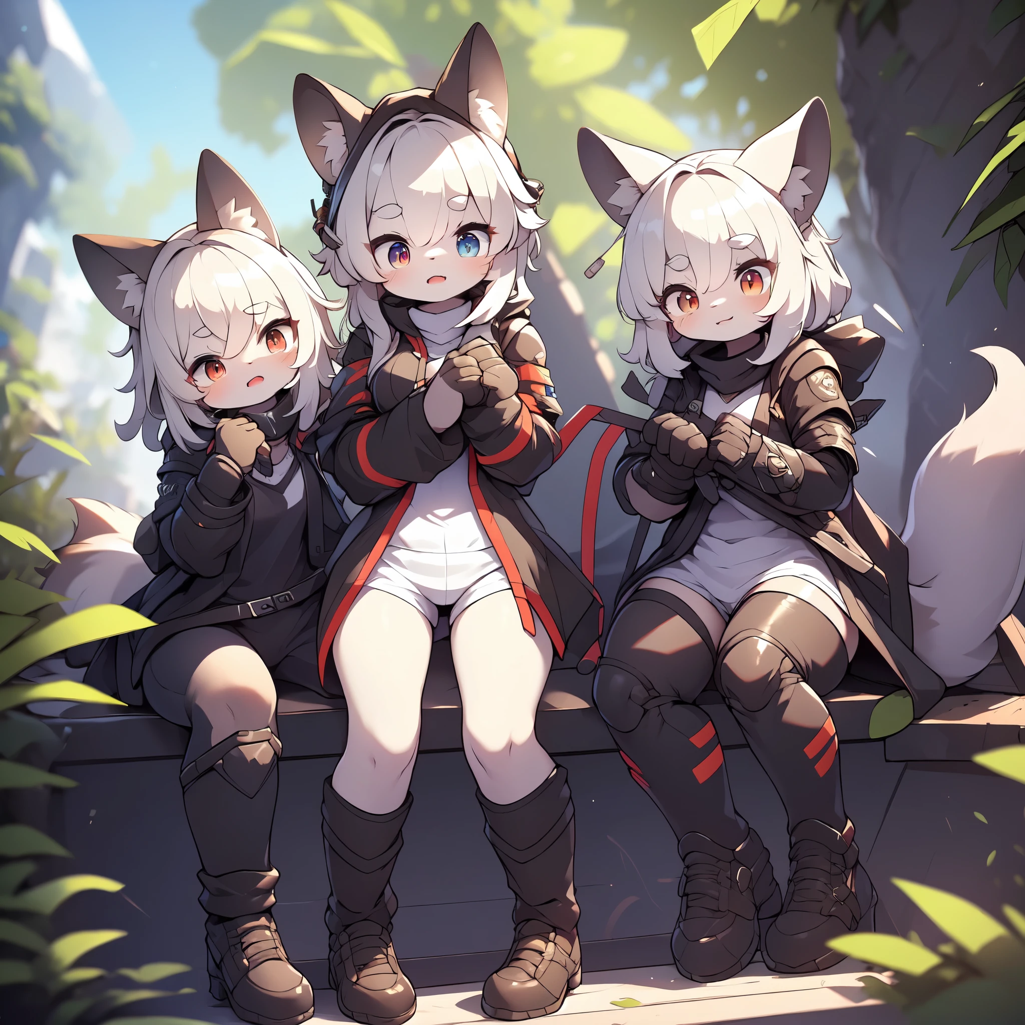 Kawaii, Striped Fluffy Fox, emaciated, long hair, 3girls, artificial synthetic skin, life support prosthetics, digital headphones, black tight latex bodysuit, white long dress, thigh-high-socks, shorts, loose off-the-shoulder hood open jacket, holsters in thigh, Mechanical boots, tactical knee pads, tactical belted loose Arm Sleeves, cybernetic Display gloves, chest rigs, tactical belts, blue archive halo, bulletproof goggles on forehead, from Ark nights, ray tracing, depth of field, bloom, masterpiece, ccurate, high details, highres