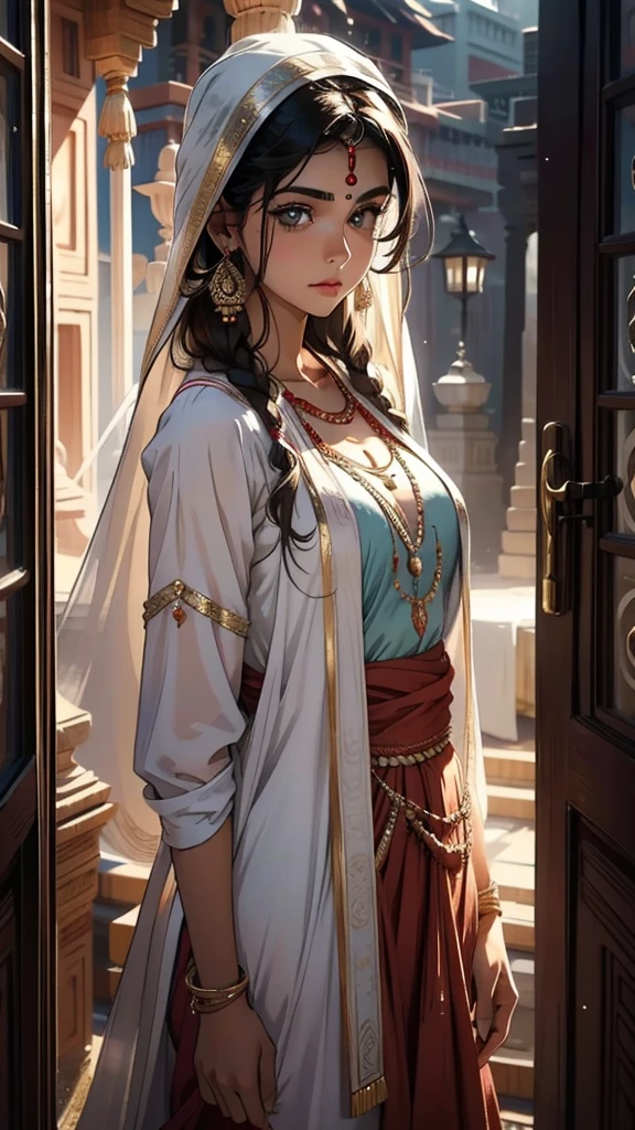 A youthful looking Indian girl wearing Indian clothes having light coloured eyes and light hair with strong cheekbones, medium height, ultra realistic