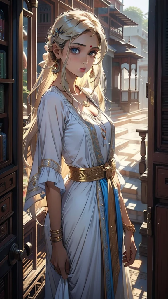 A youthful looking Indian girl wearing Indian clothes having light coloured eyes and light hair with strong cheekbones, medium height, ultra realistic