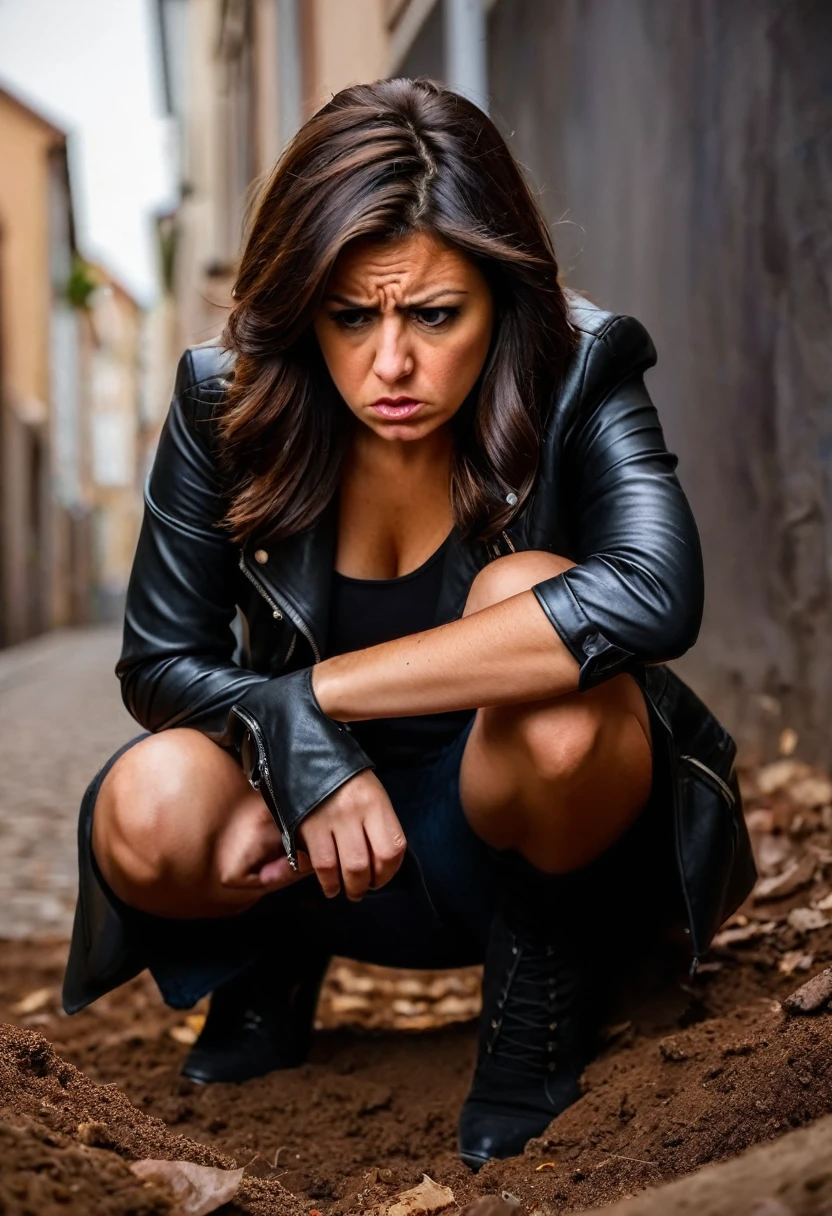 Sublime brunette crouching with a deeply disgusted look looking at the ground, disgusted look